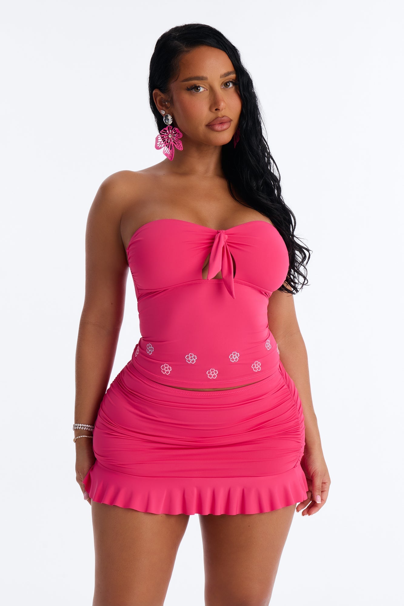 Sunshine State 2 Piece Strapless Bikini & Ruffle Mini Skirt Sunsuit - Fuchsia NEWFASHIONEDGE