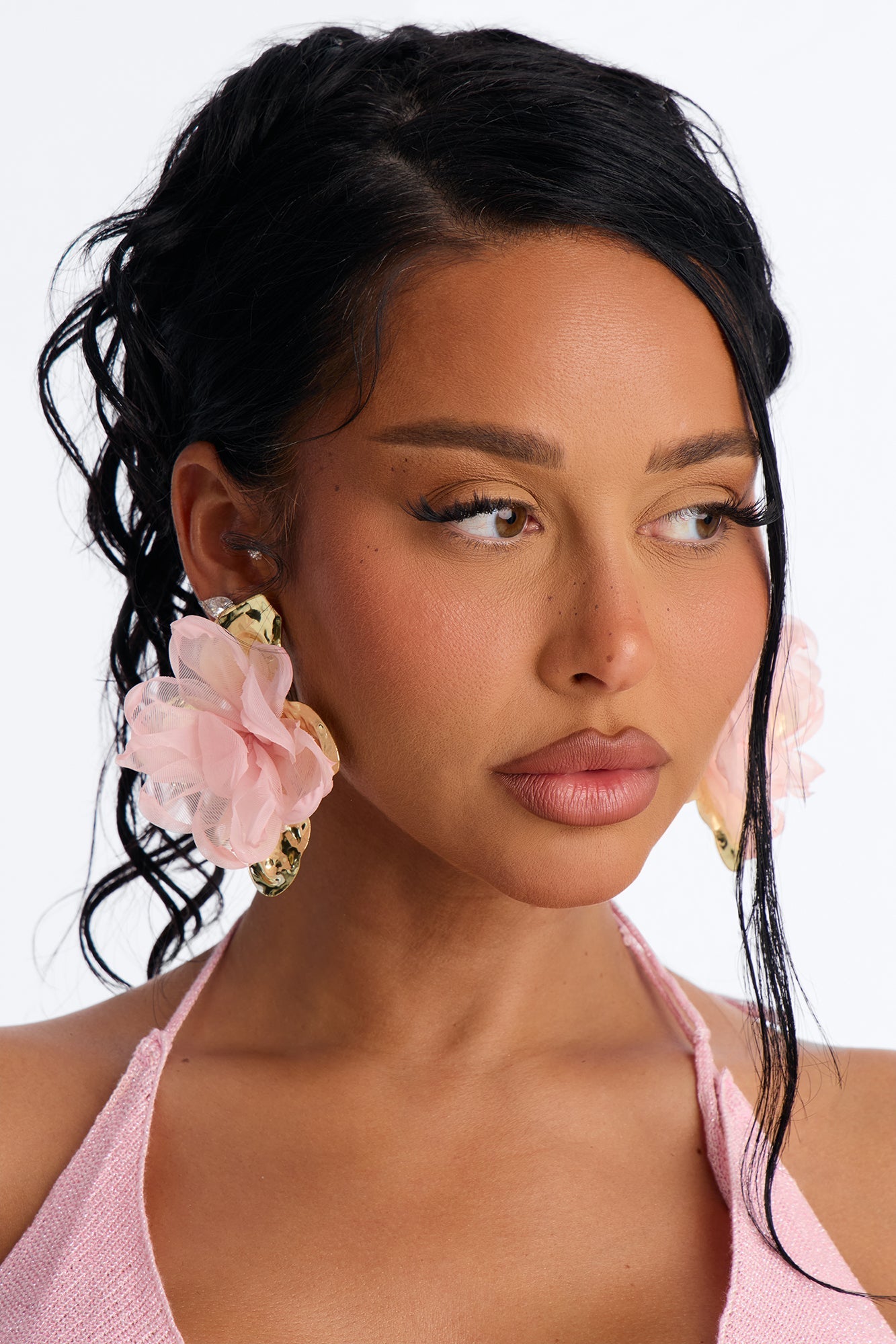 Ruffle Rose Earrings - Gold/Pink NEWFASHIONEDGE