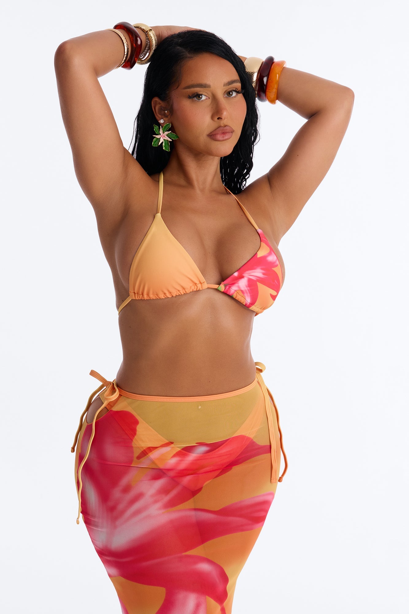 Molly Orchid 3 Piece Bikini & Skirt Sunsuit - Orange/combo