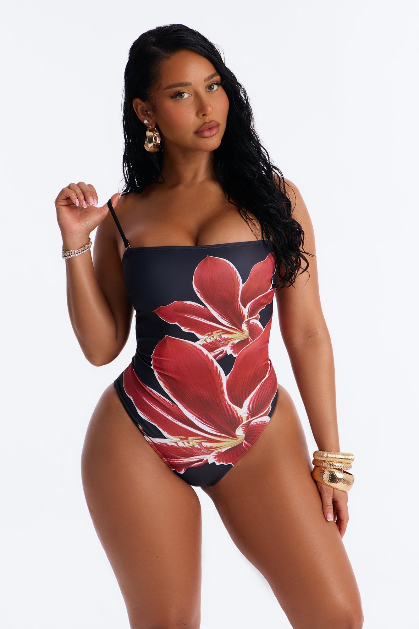 Nelissa Floral 1 Piece Strapless Swimsuit - Black/Red NEWFASHIONEDGE