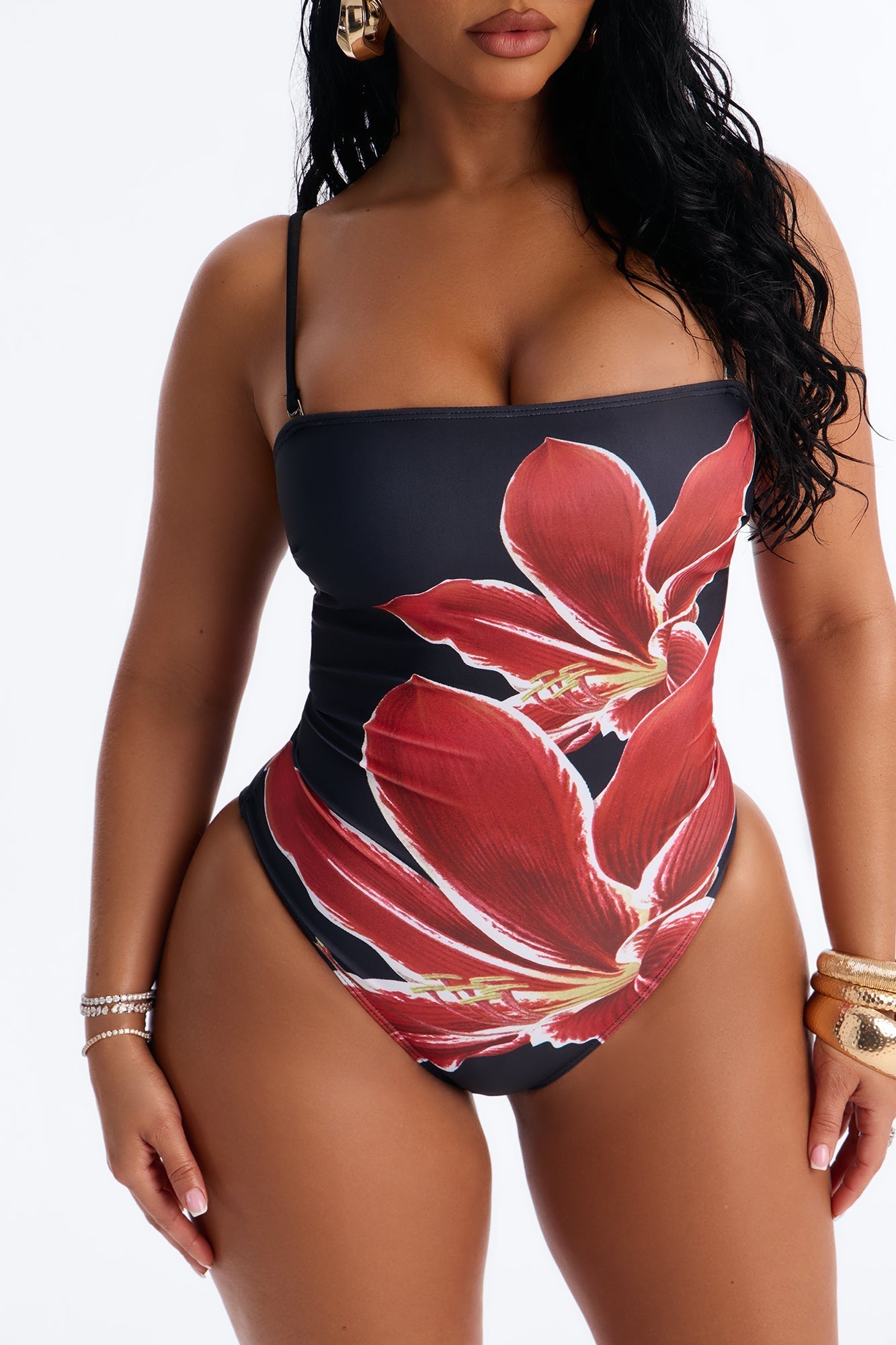 Nelissa Floral 1 Piece Strapless Swimsuit - Black/Red NEWFASHIONEDGE