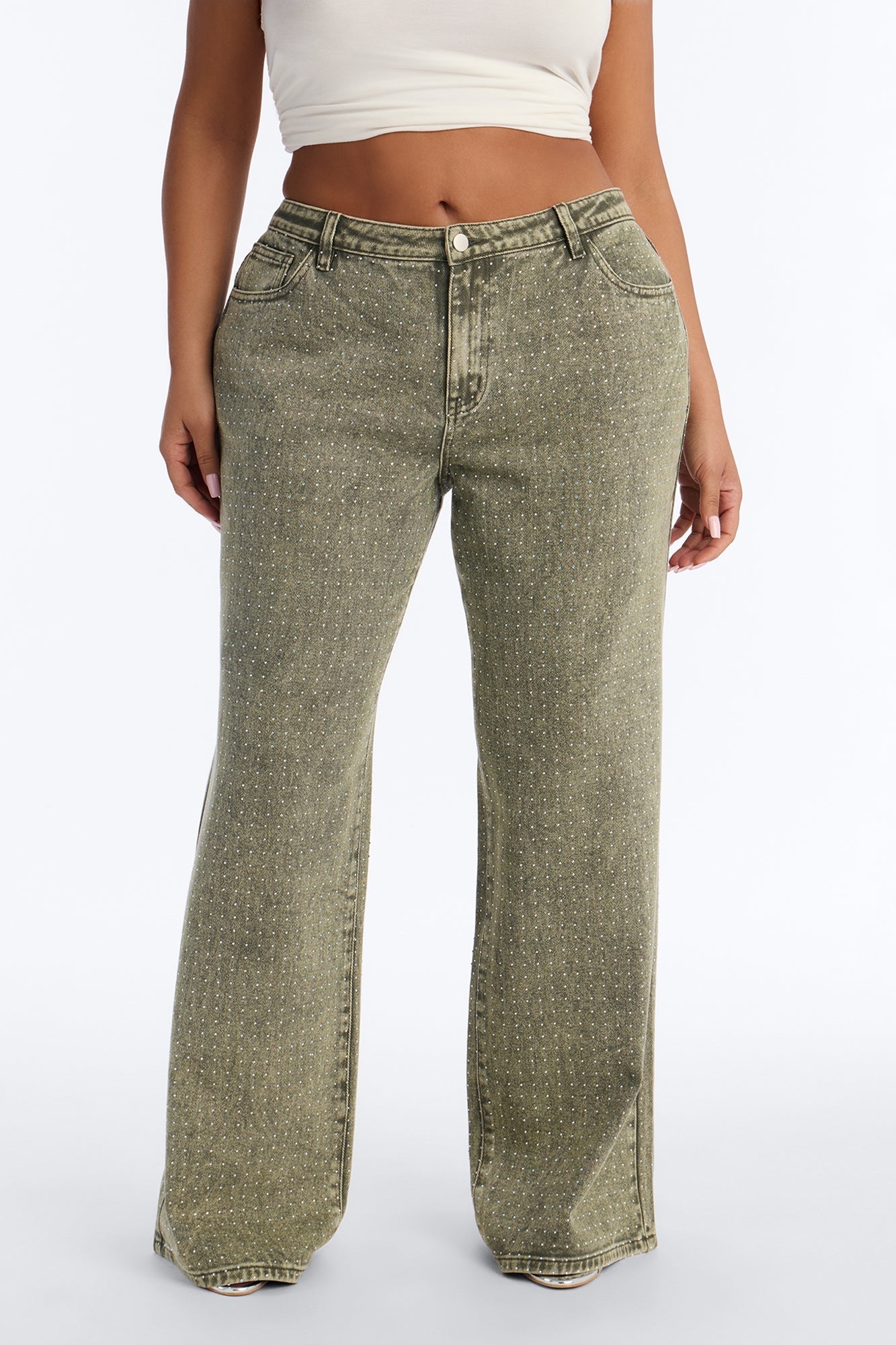 Dazzling Days Low Rise Washed Embellished Pant - Olive