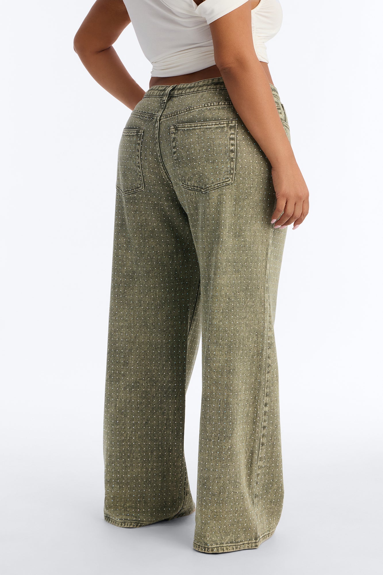 Dazzling Days Low Rise Washed Embellished Pant - Olive