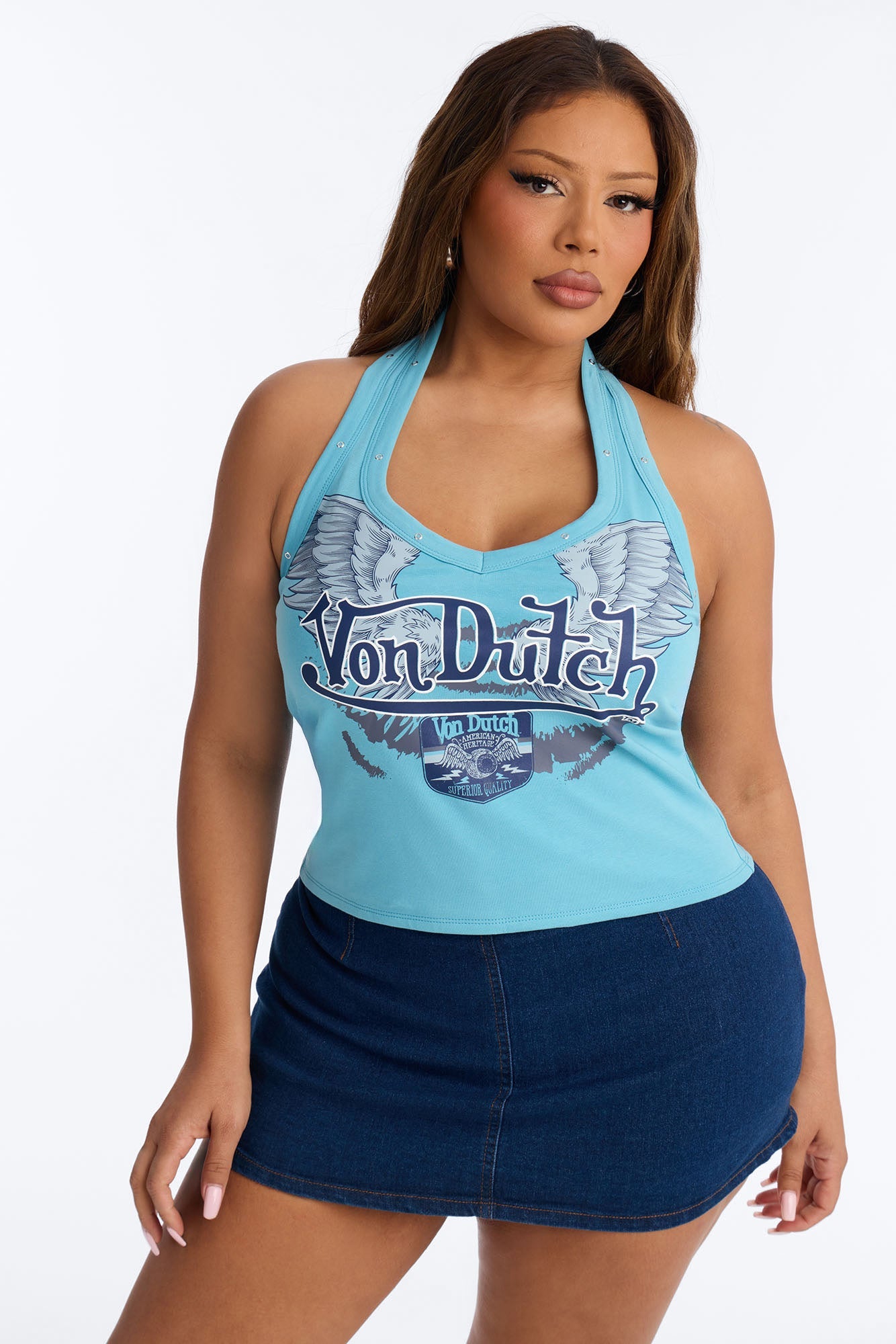Von Dutch Rocker Halter Top With Grommets - Light Blue