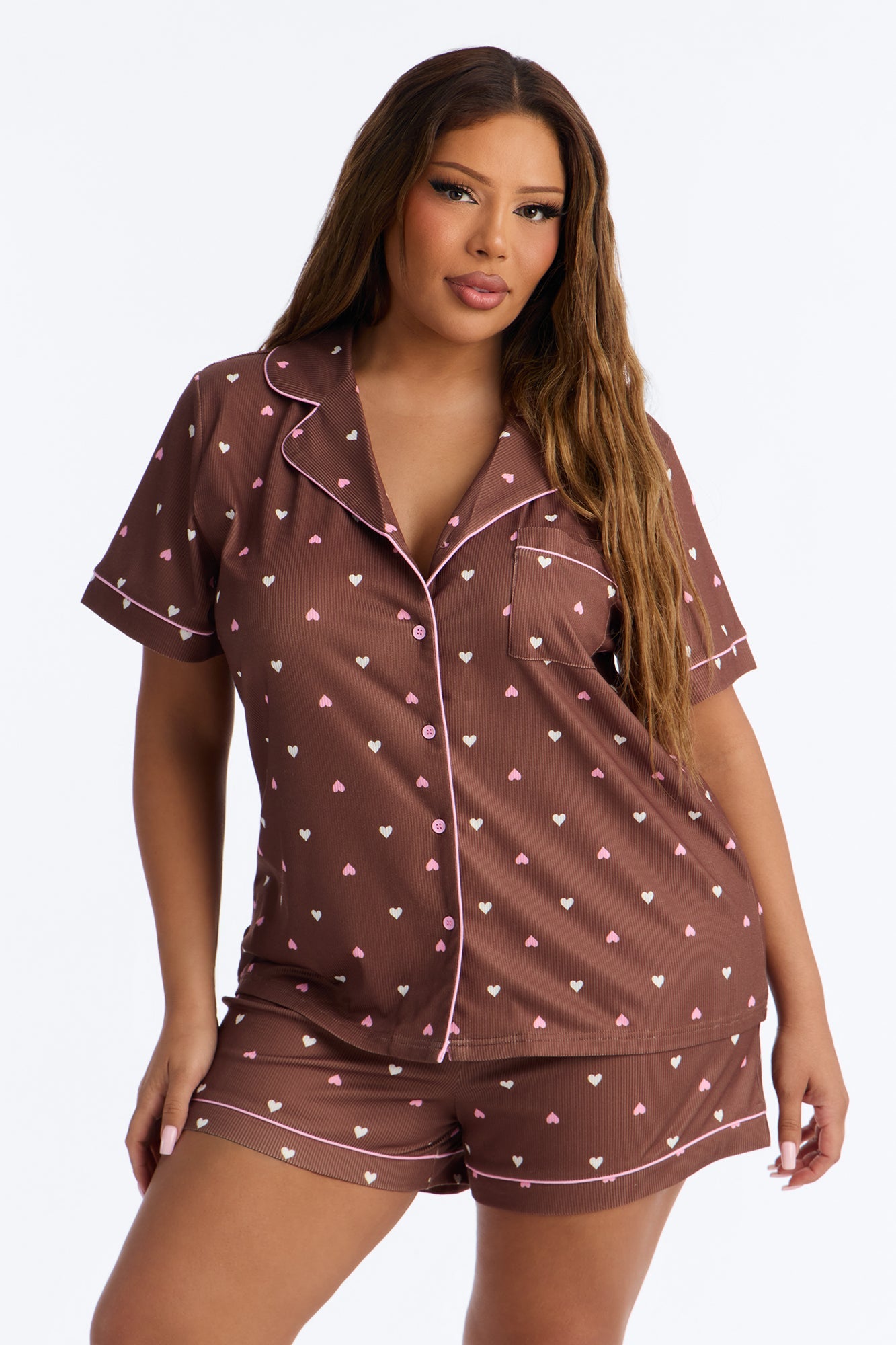 Pieces Of My Heart PJ Short Set - Brown/combo Fashion Nova