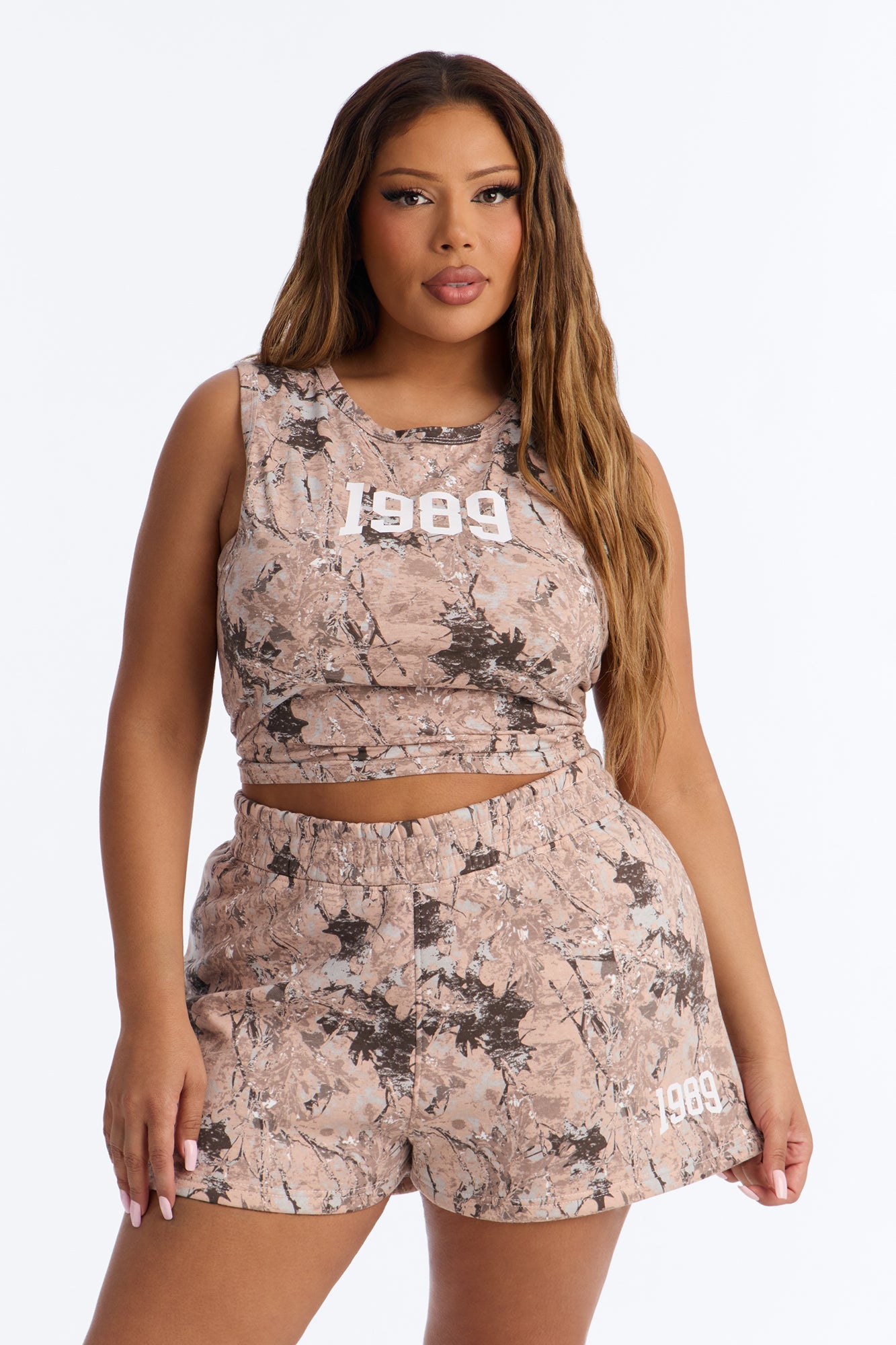 1989' Camo Fleece Short Set - Taupe/combo Fashion Nova