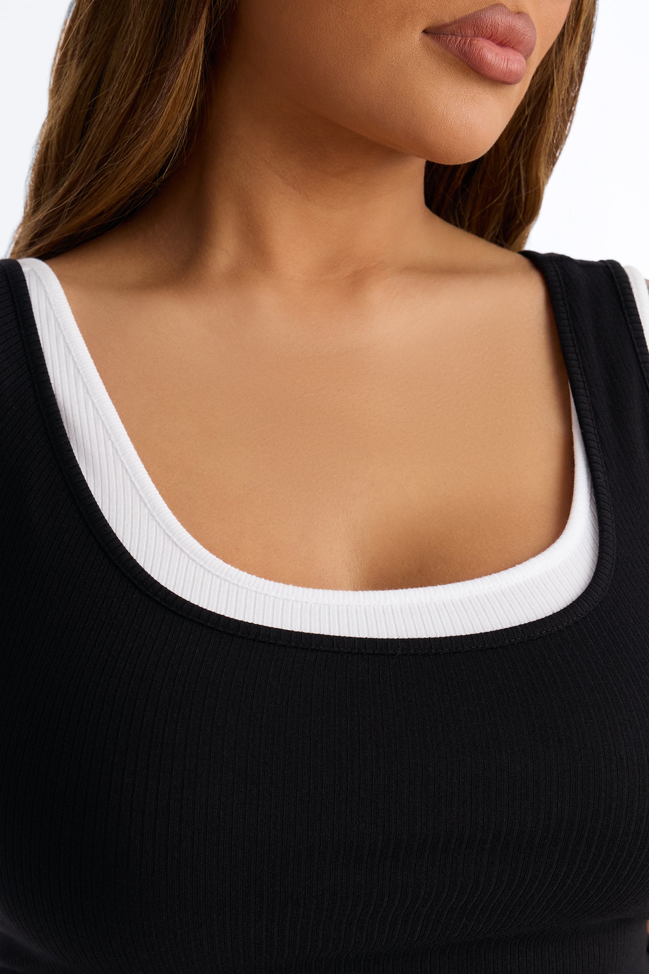 Ashlee Ribbed Layered Off Shoulder Tank Top - Black/White NEWFASHIONEDGE