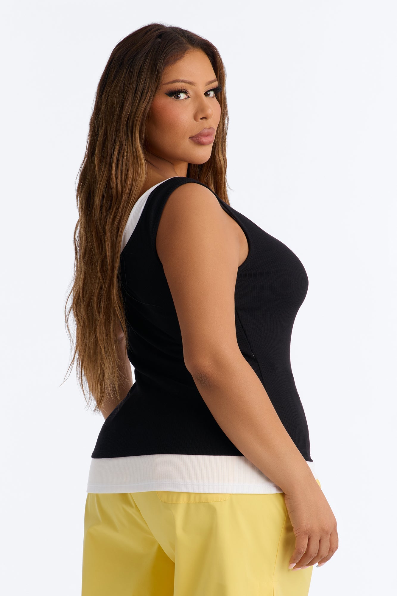Ashlee Ribbed Layered Off Shoulder Tank Top - Black/White