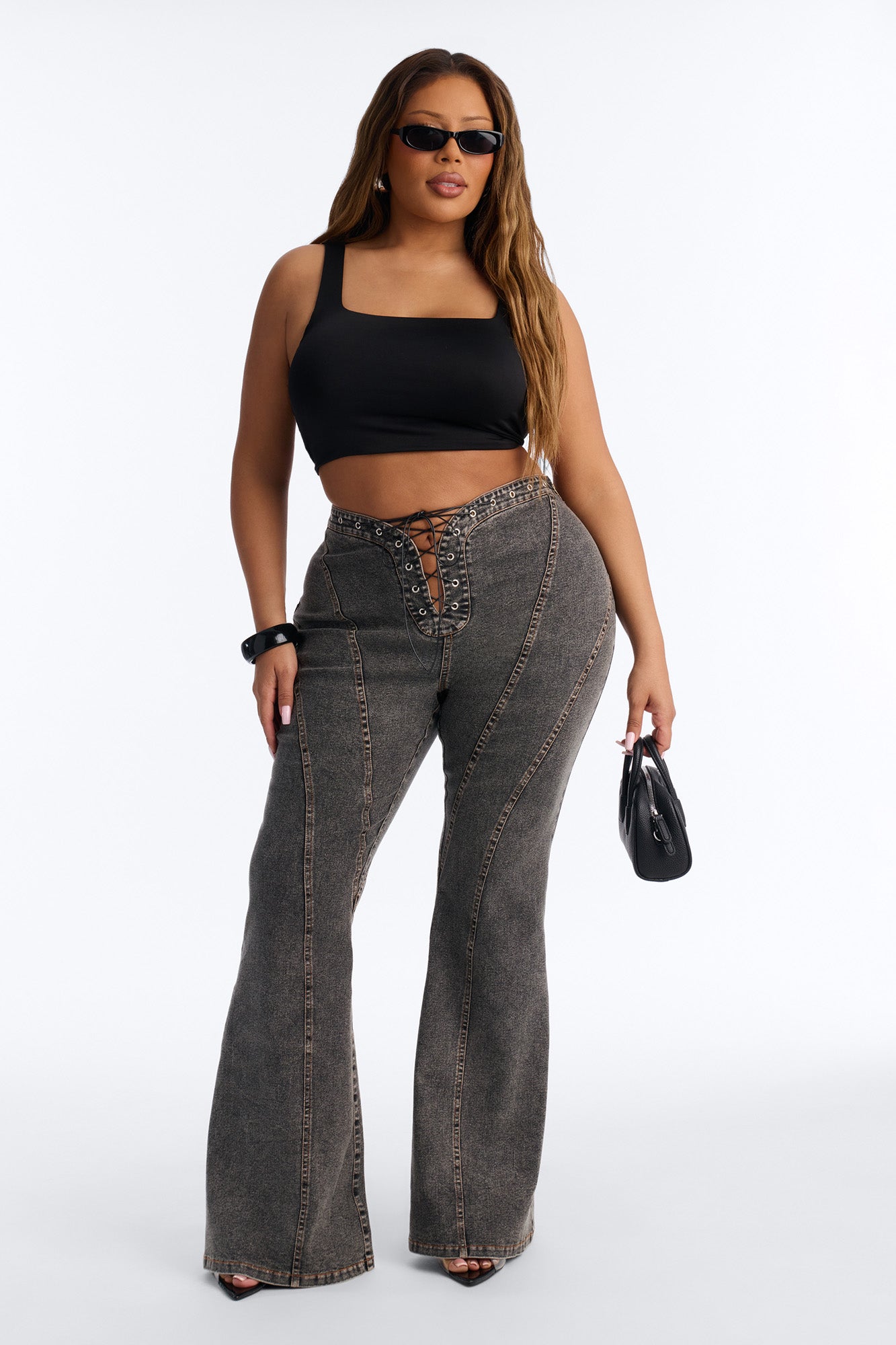 Run this Town Lace Up Washed Flared Pant - Black