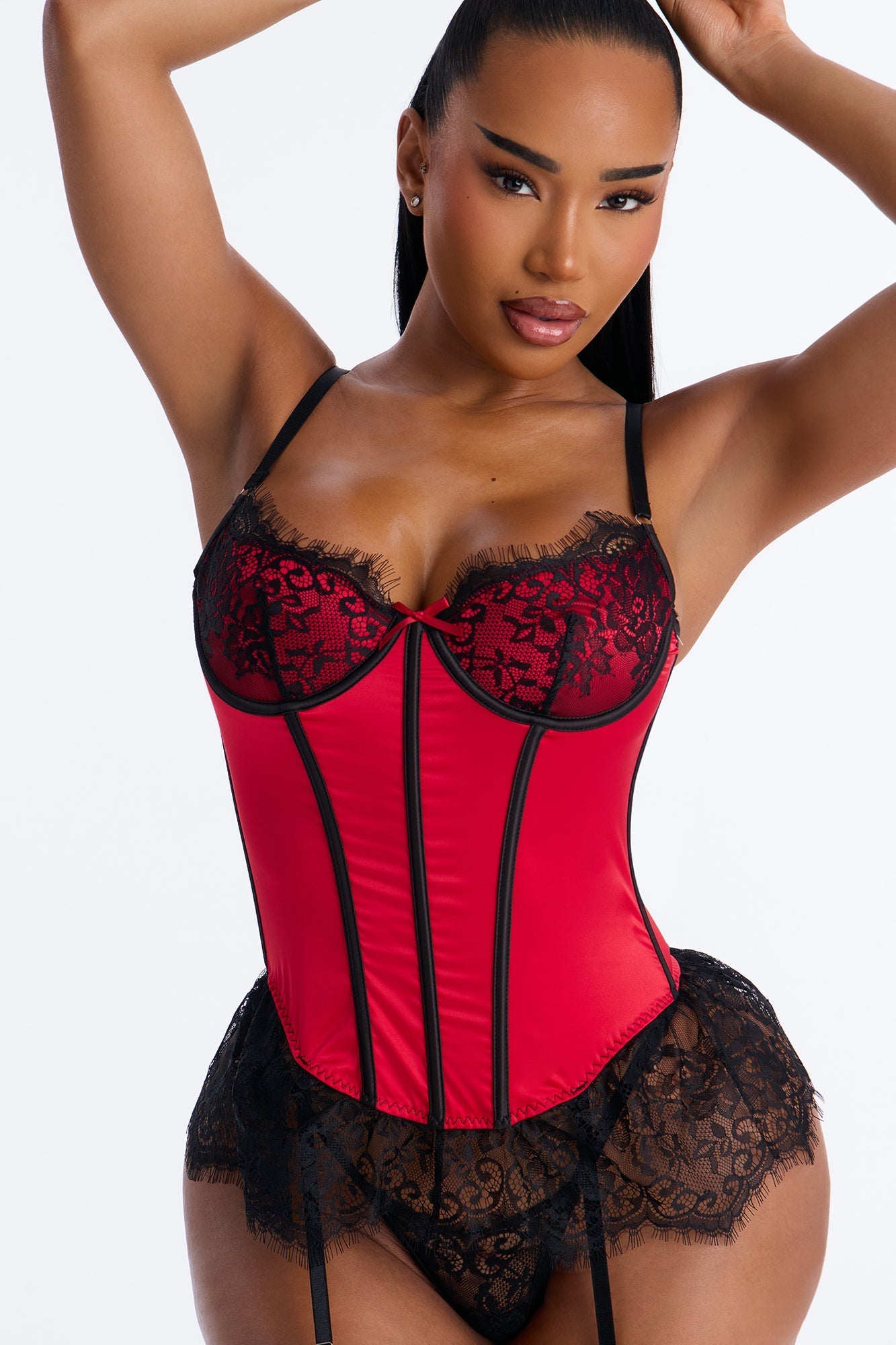 Bella Lace Boning Teddy - Red/Black NEWFASHIONEDGE