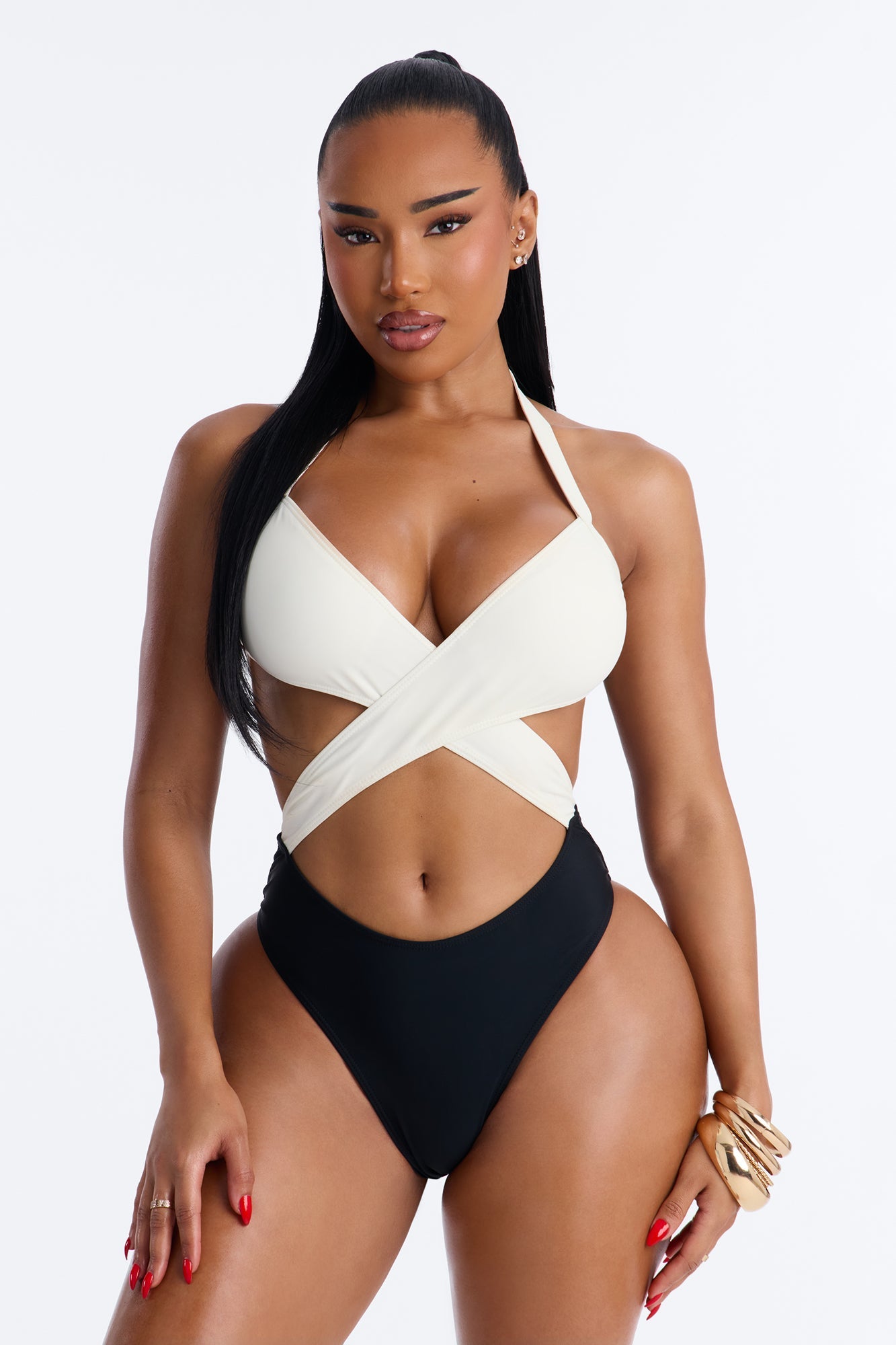 High Tide 1 Piece Wrap Halter Swimsuit - White/Black