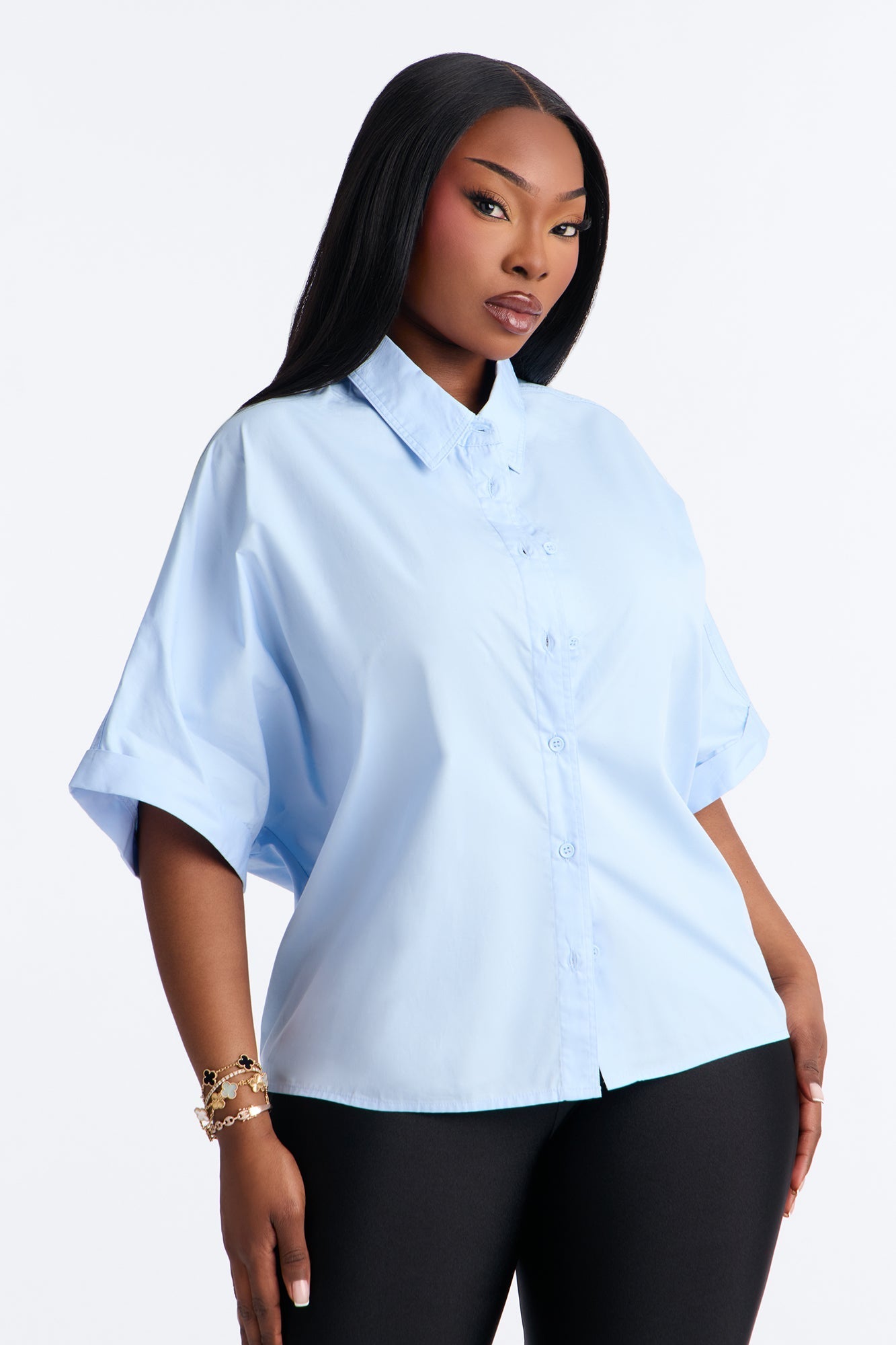Sancie Oversized Poplin Button Up Shirt - Blue NEWFASHIONEDGE