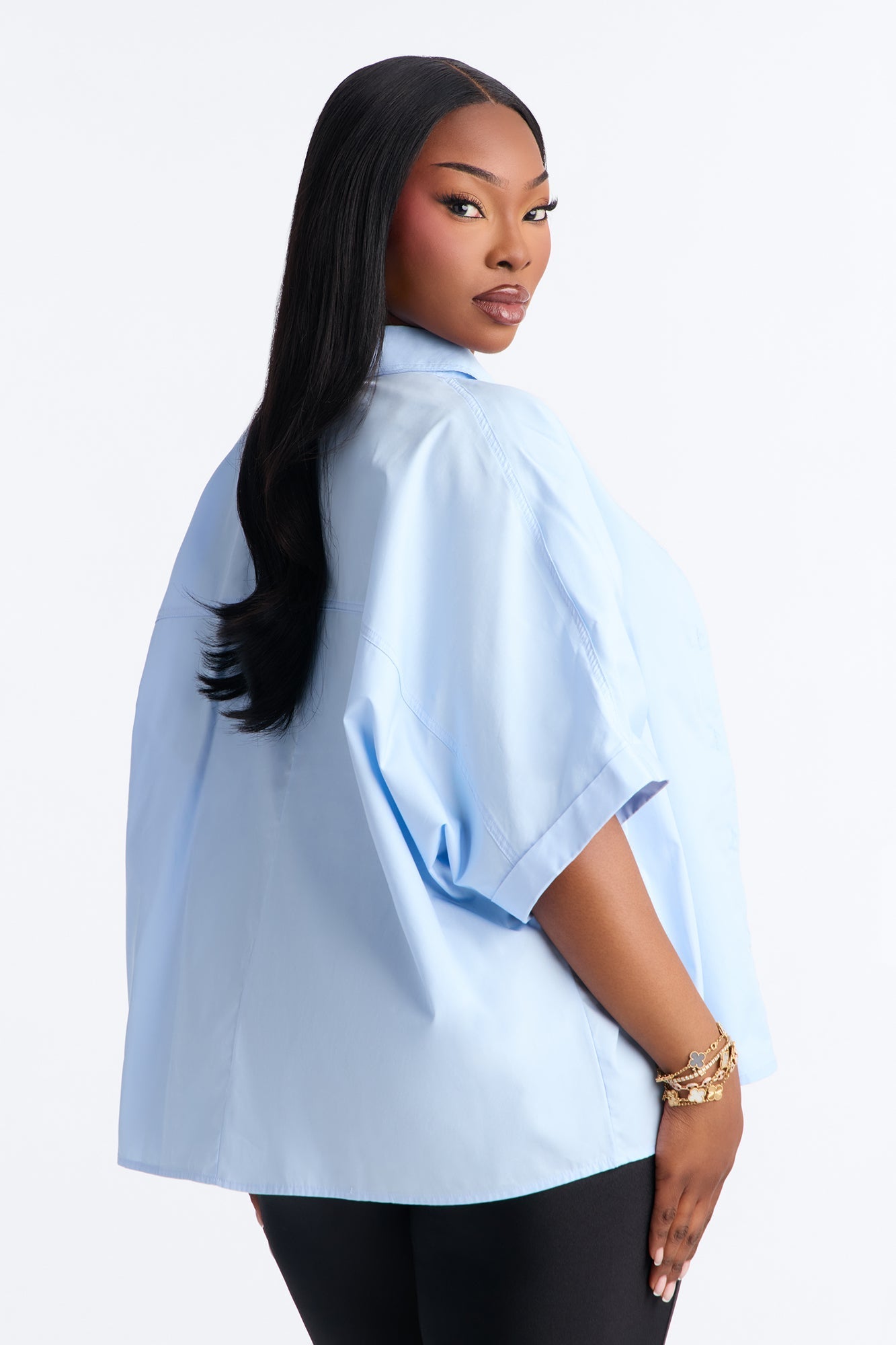 Sancie Oversized Poplin Button Up Shirt - Blue NEWFASHIONEDGE