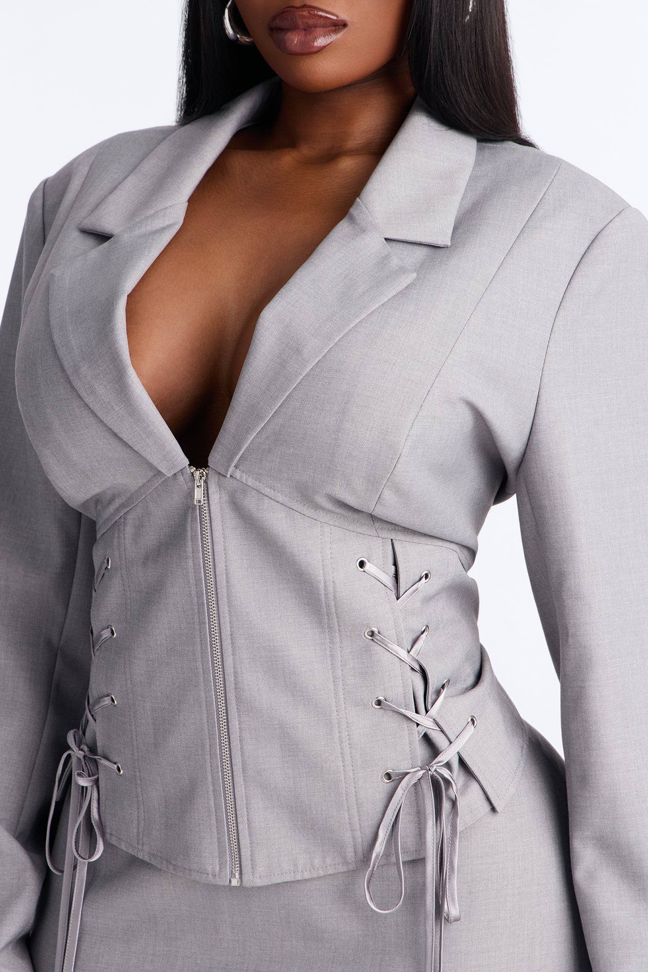 Unbothered Crepe Lace Up Corset Blazer - Light Grey