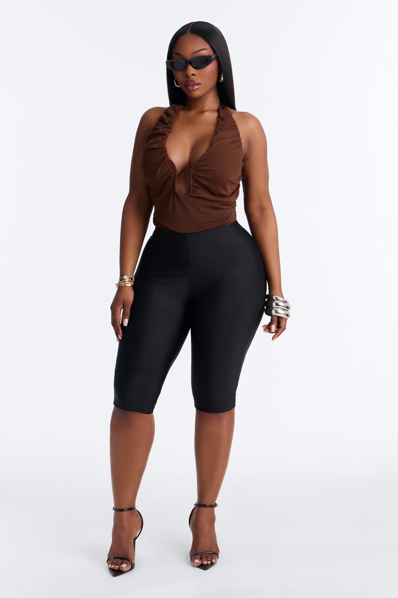 Raye Ruched Deep V Neck Halter Bodysuit - Brown
