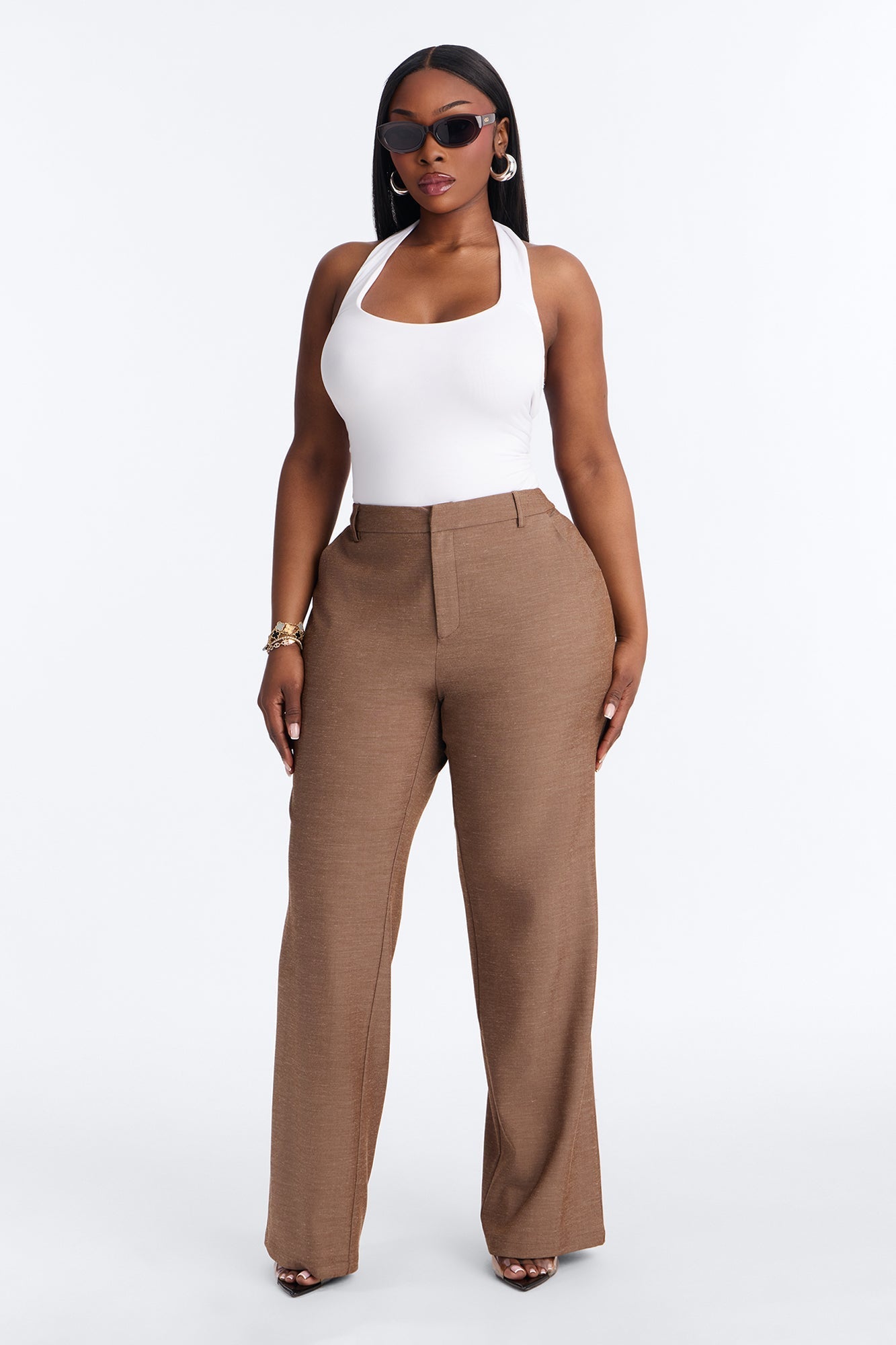 Stacy Low Rise Straight Leg Linen Trouser - Brown NEWFASHIONEDGE