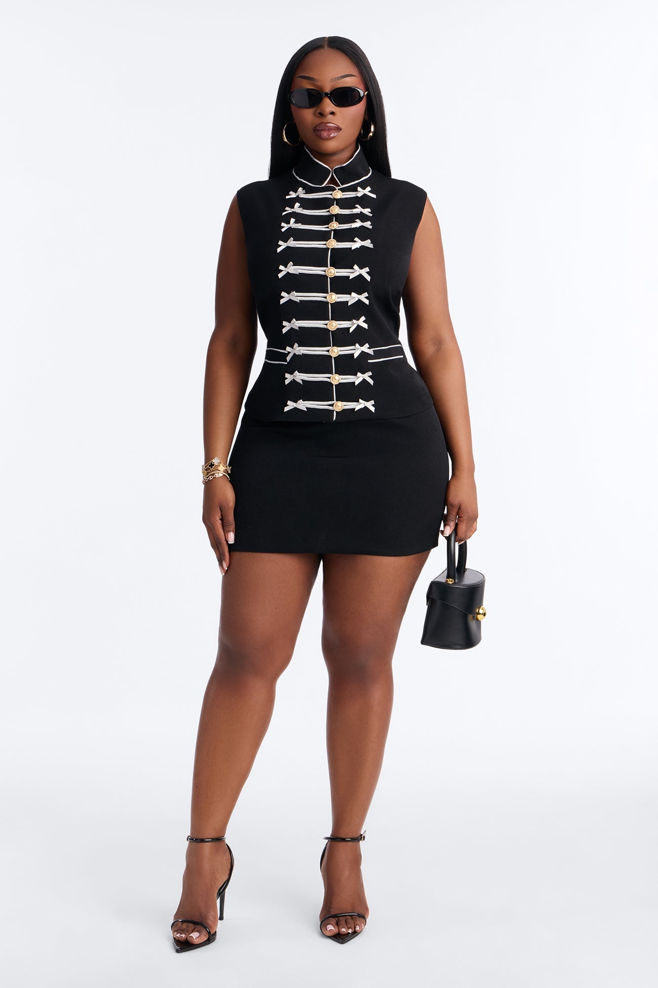 Regal Ribbon Button Up Skirt Set - Black