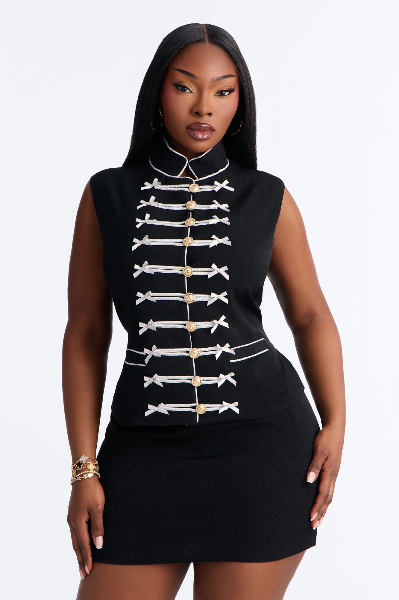 Regal Ribbon Button Up Skirt Set - Black