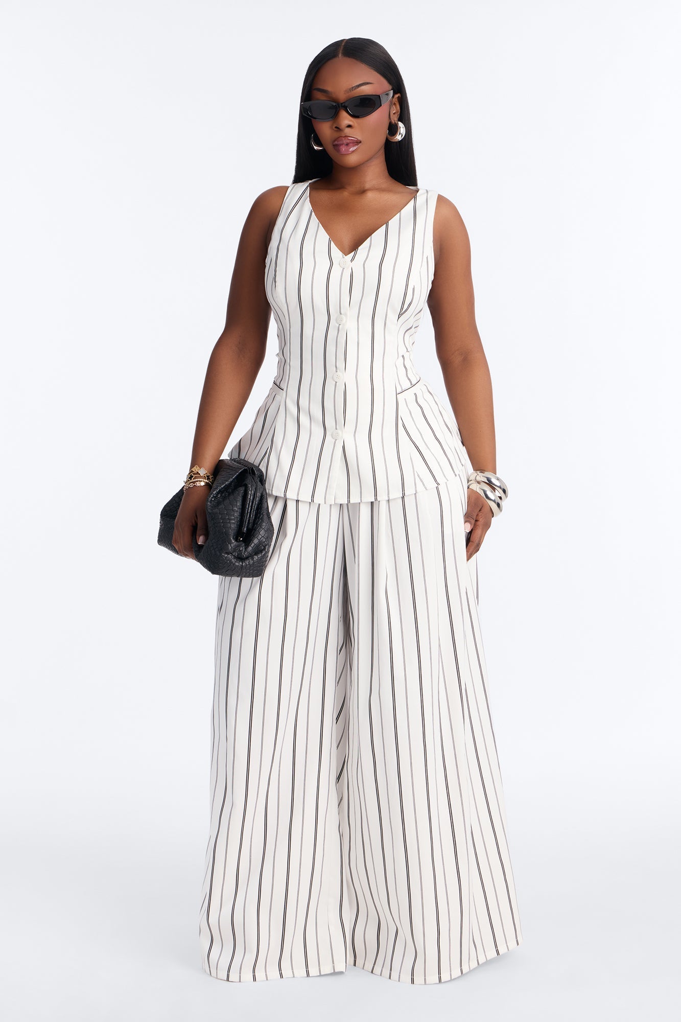 Aveena Pinstripe Vest Pant Set - White/Black