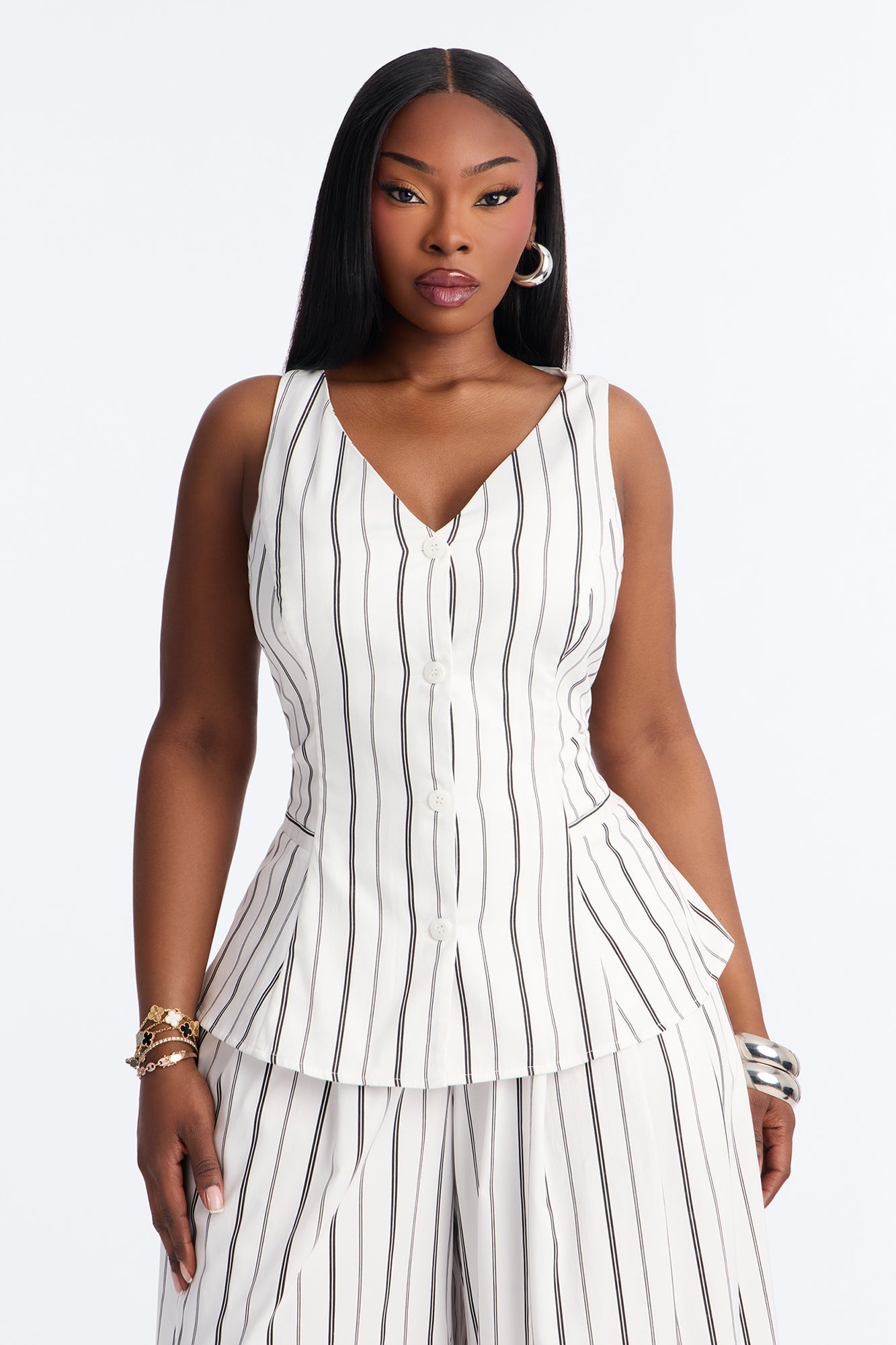 Aveena Pinstripe Vest Pant Set - White/Black