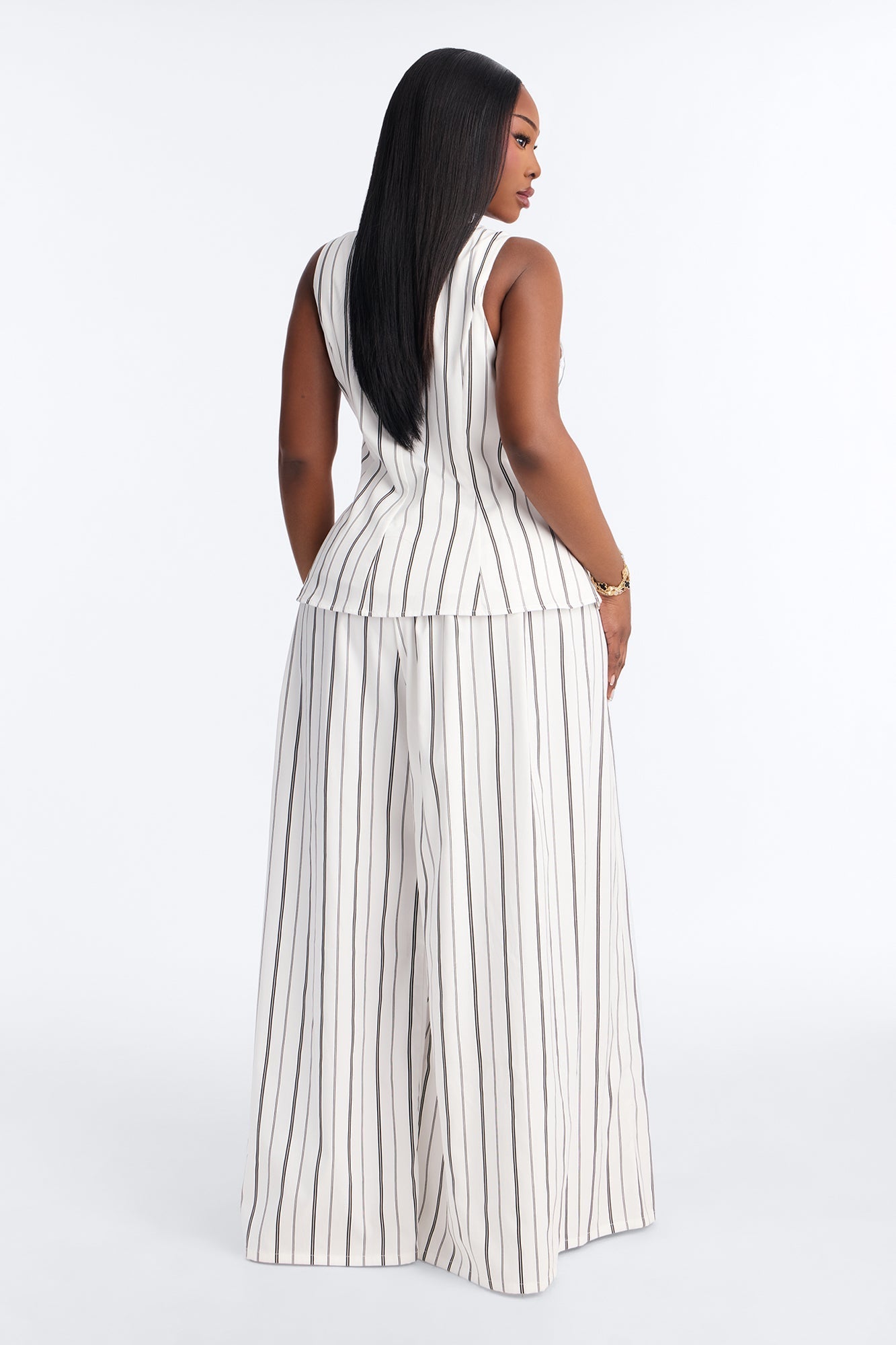 Aveena Pinstripe Vest Pant Set - White/Black