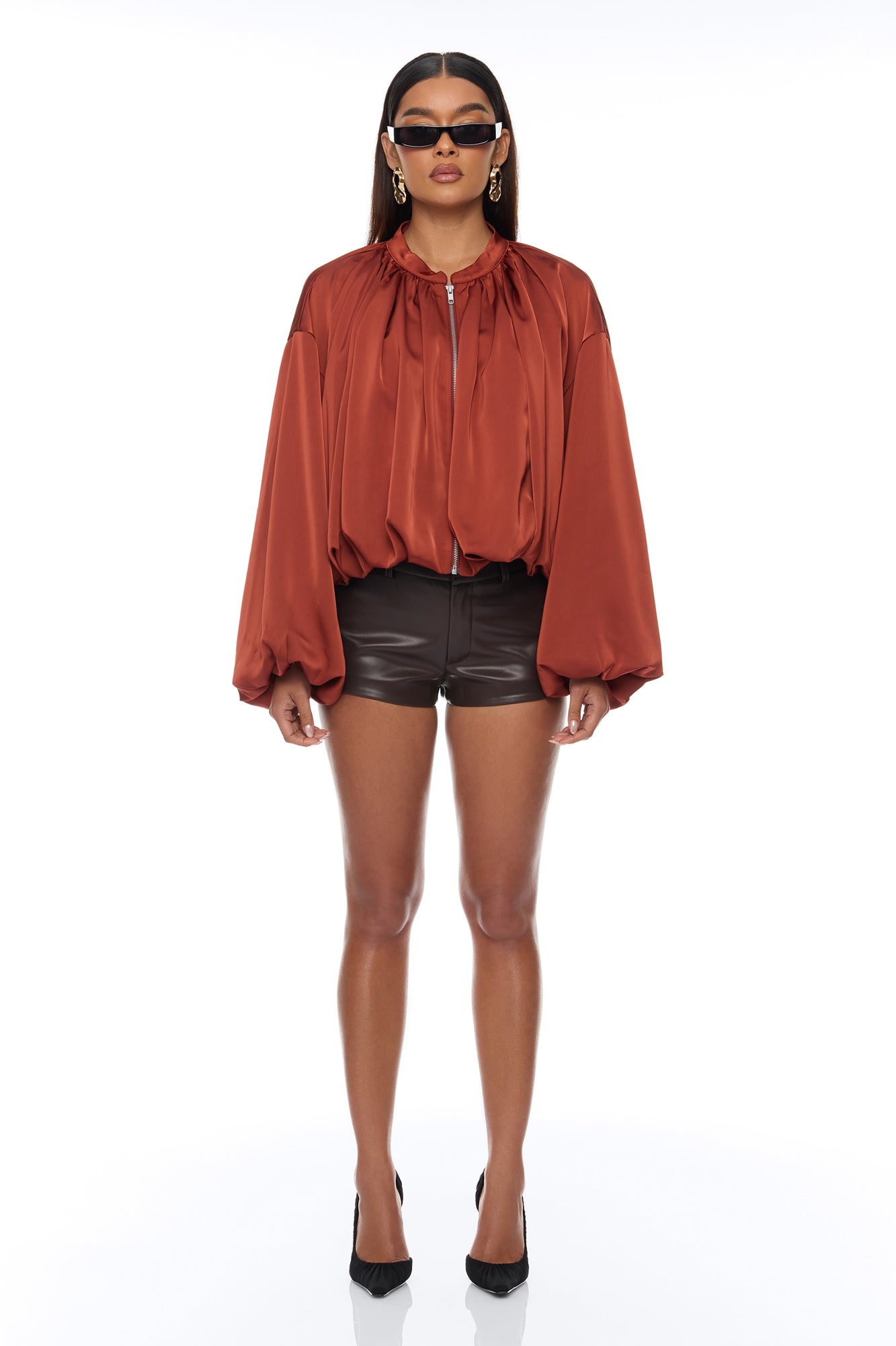 Marianna Balloon Sleeve Satin Jacket - Cognac