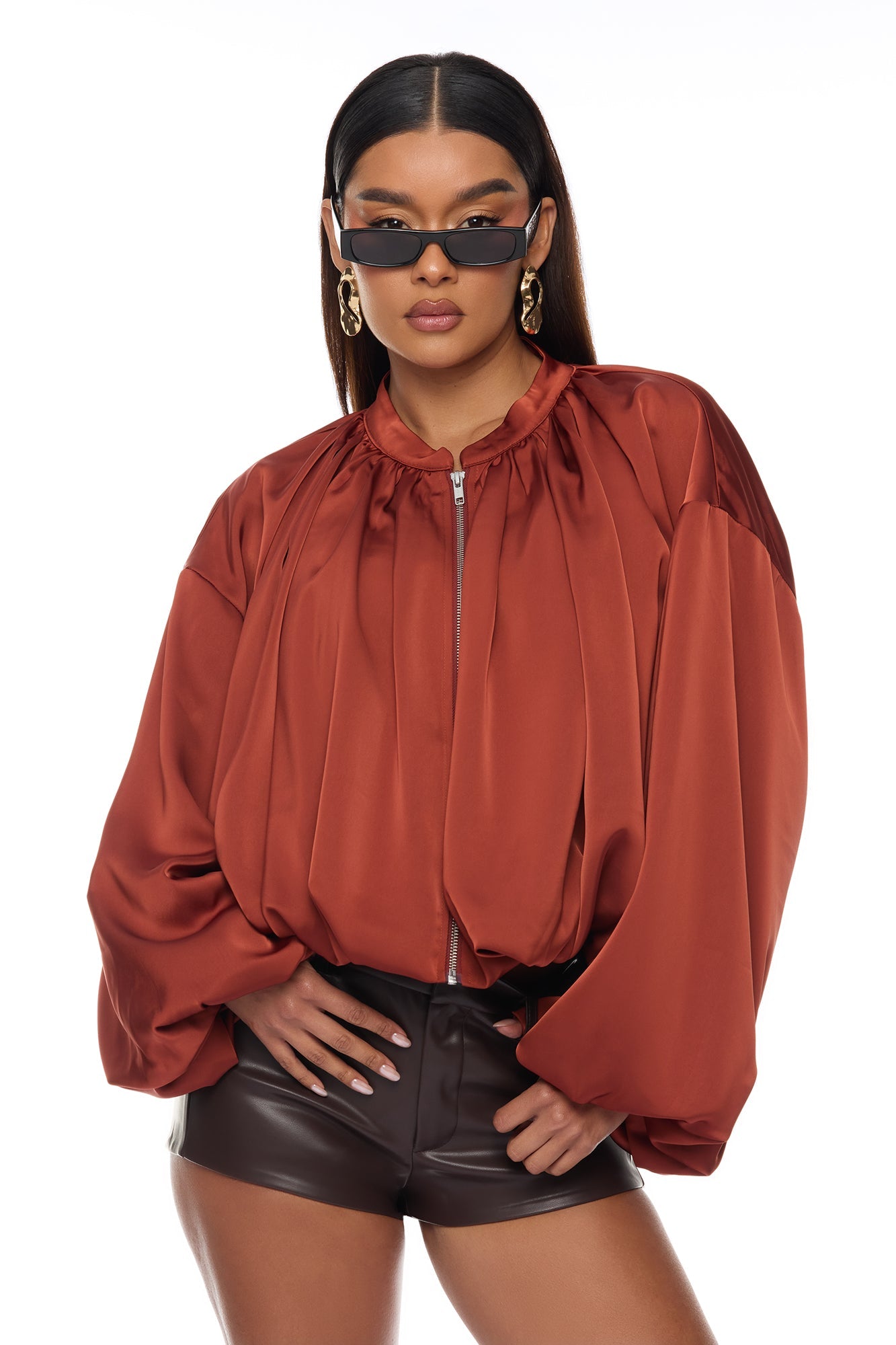 Marianna Balloon Sleeve Satin Jacket - Cognac