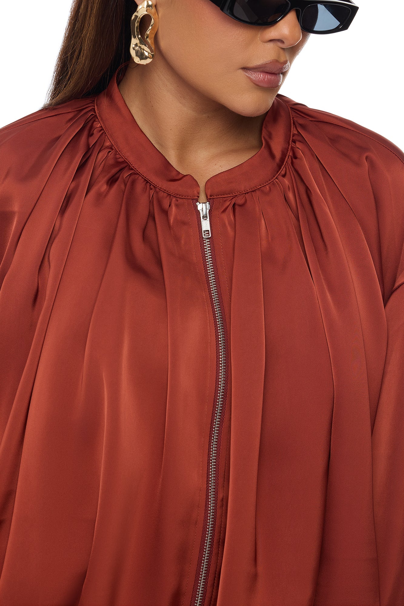 Marianna Balloon Sleeve Satin Jacket - Cognac
