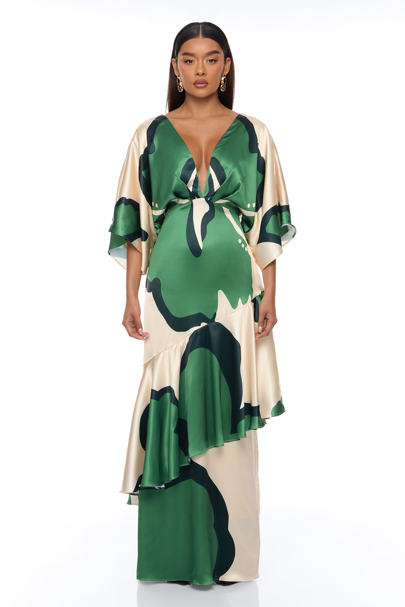 Veronika Short Sleeve Satin Maxi Dress - Green/combo