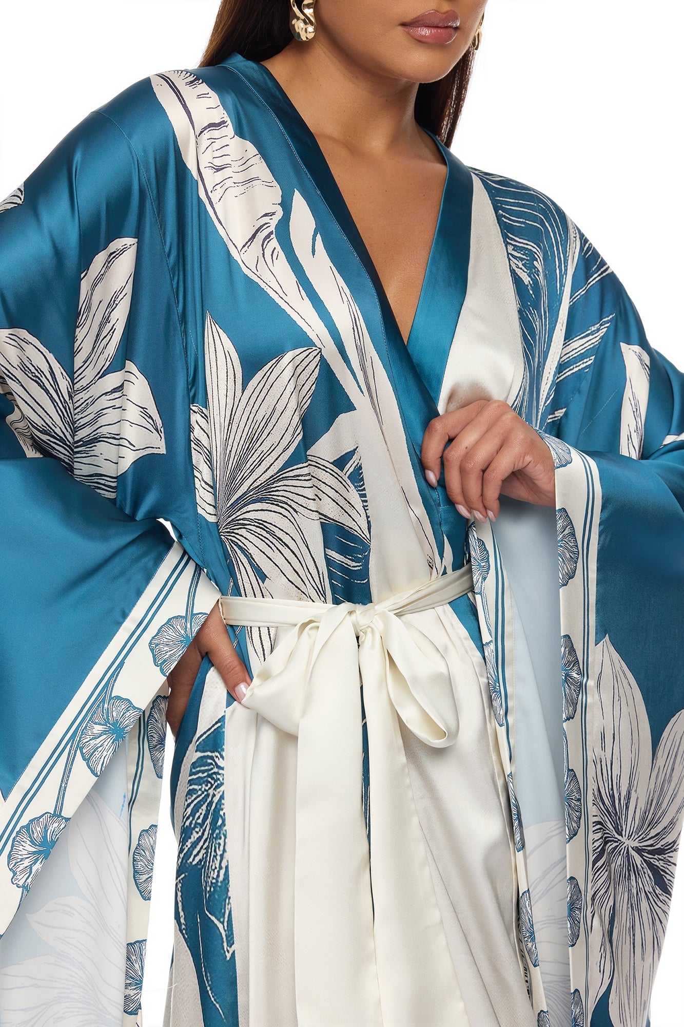 Junie Bell Sleeve Satin Kimono - Teal/combo