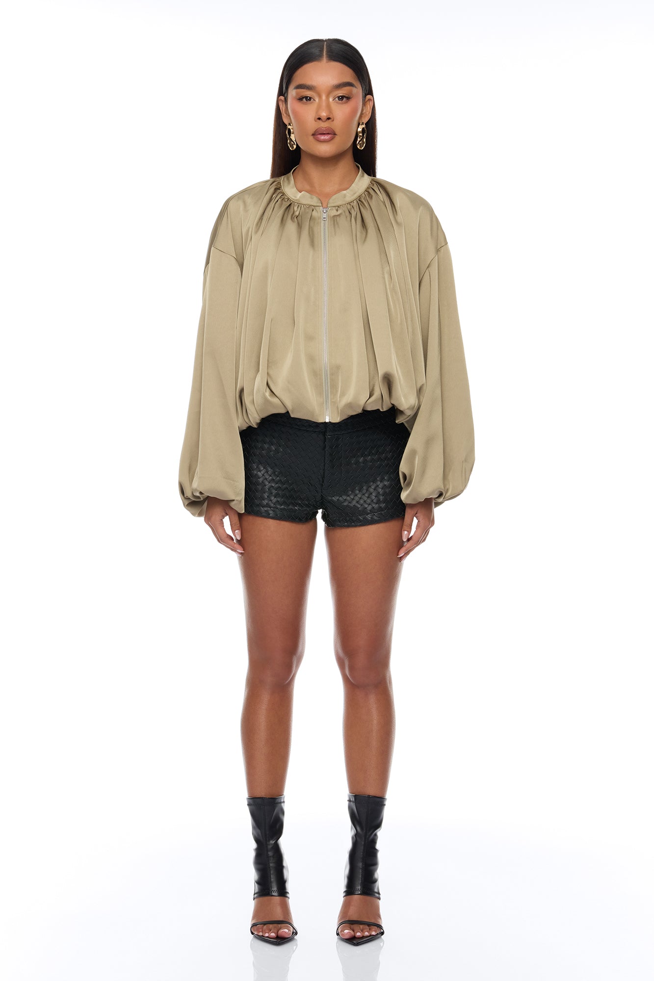 Marianna Balloon Sleeve Satin Jacket - Sage