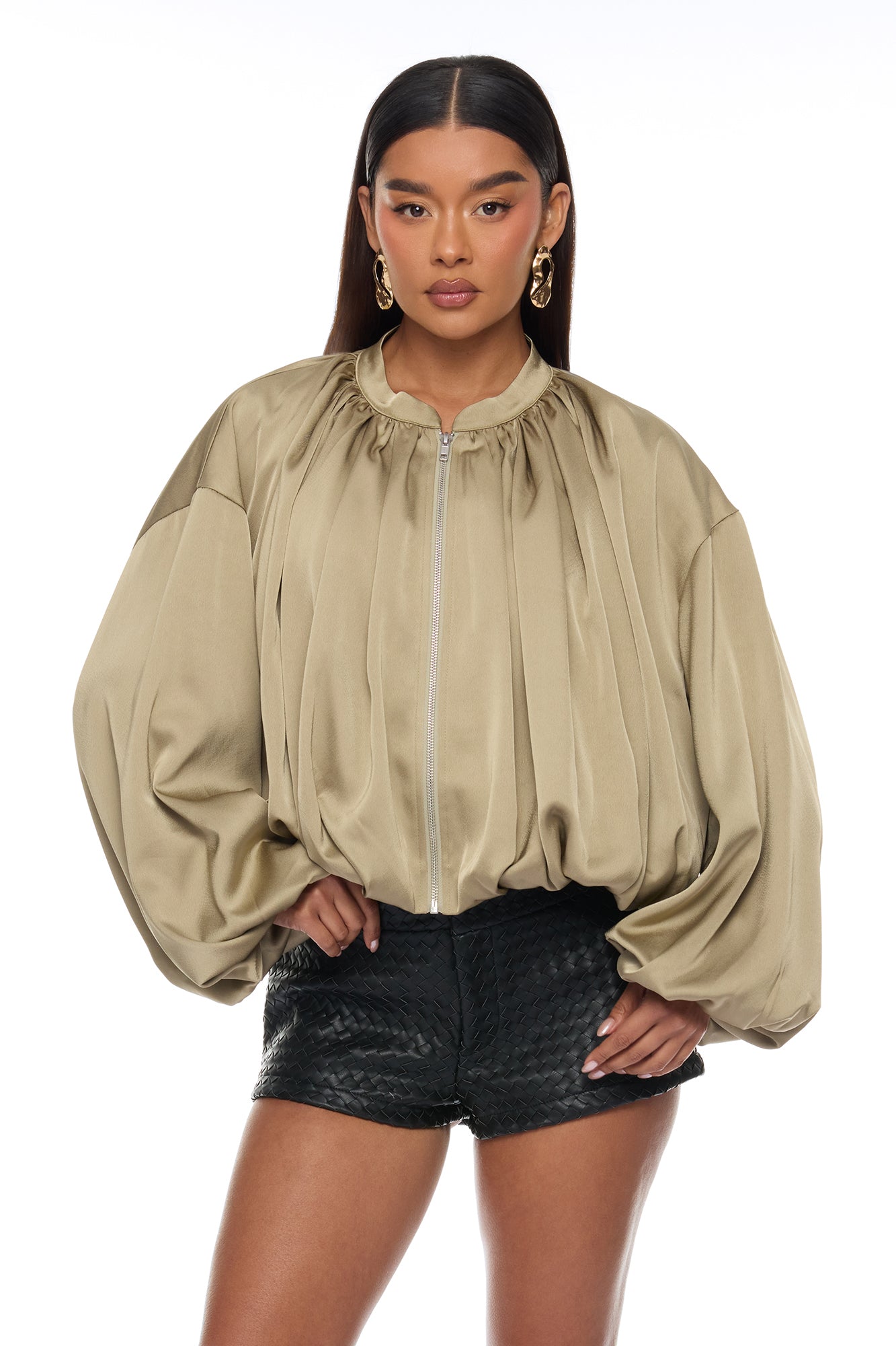 Marianna Balloon Sleeve Satin Jacket - Sage
