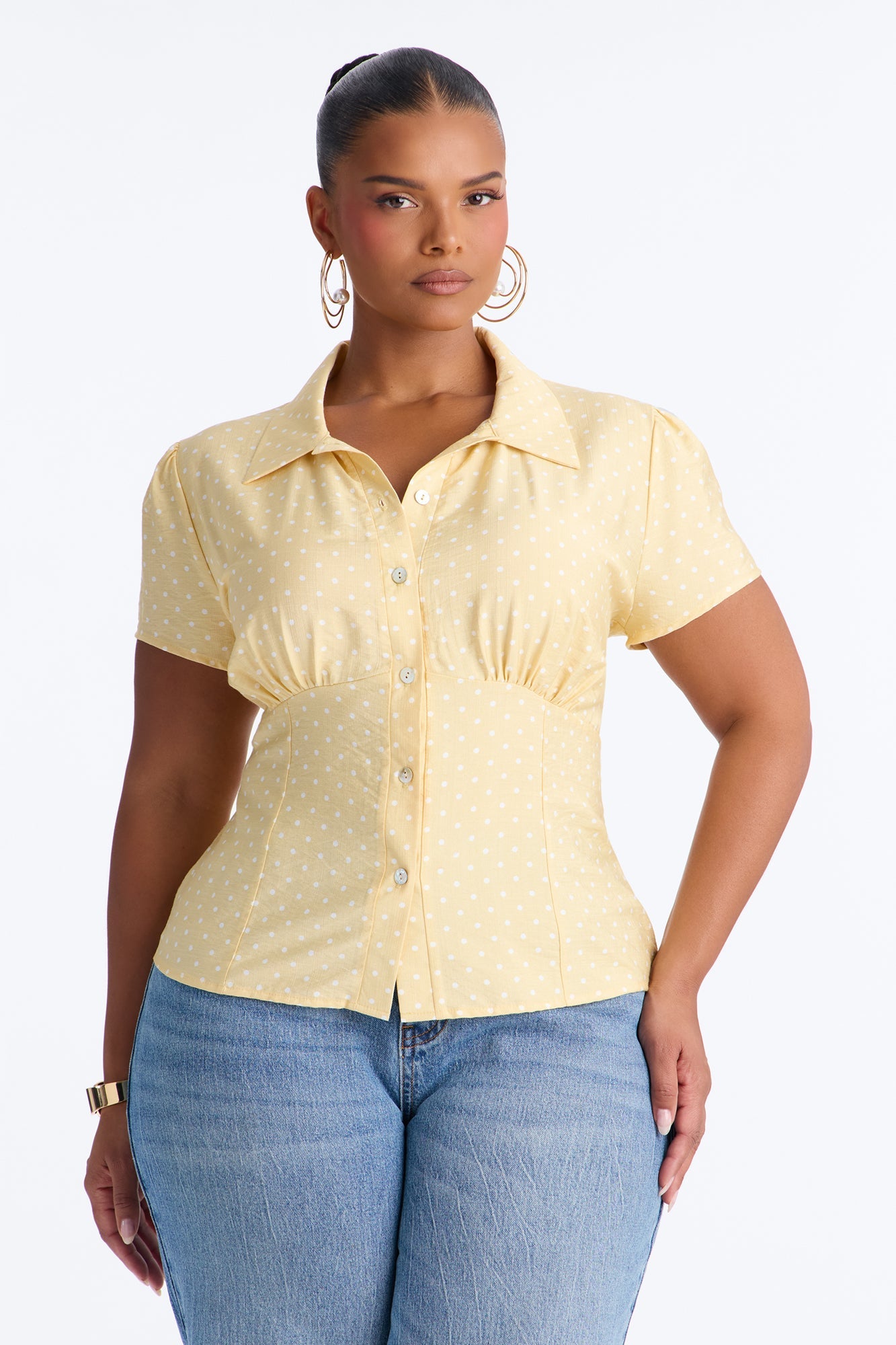 Fresh Season Polka Dot Linen Shirt - Yellow/combo