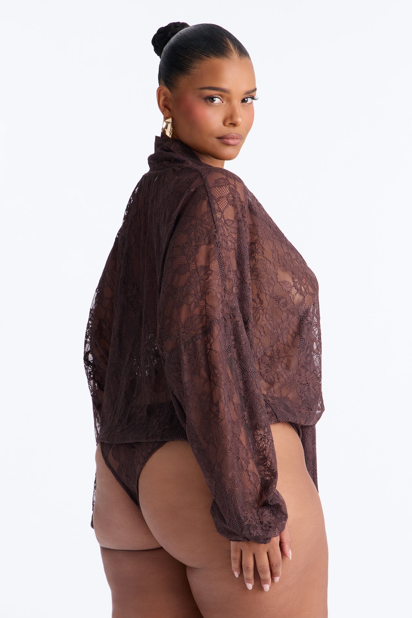 Chic And Out Long Sleeve Lace Bodysuit - Chocolate