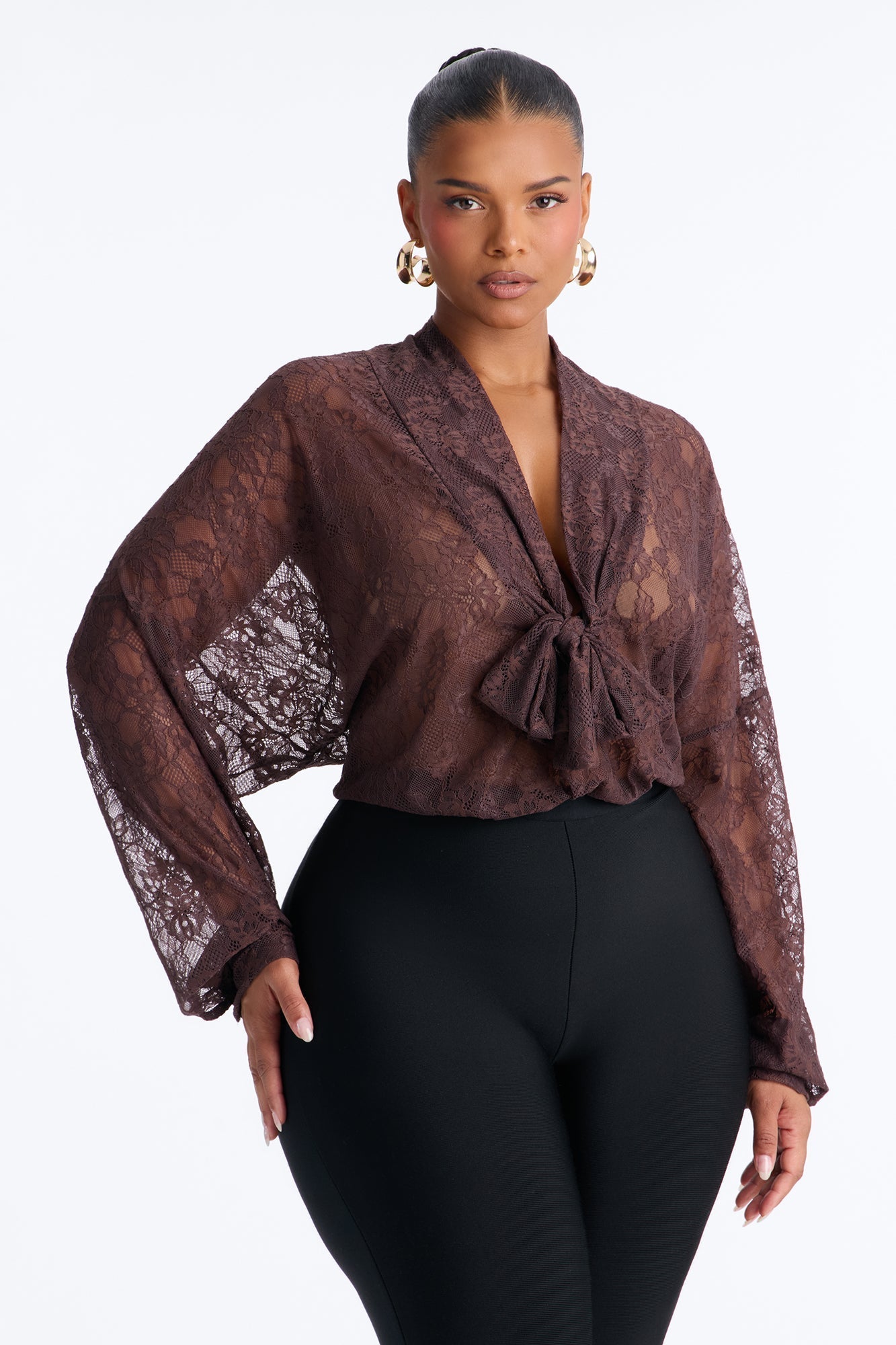 Chic And Out Long Sleeve Lace Bodysuit - Chocolate