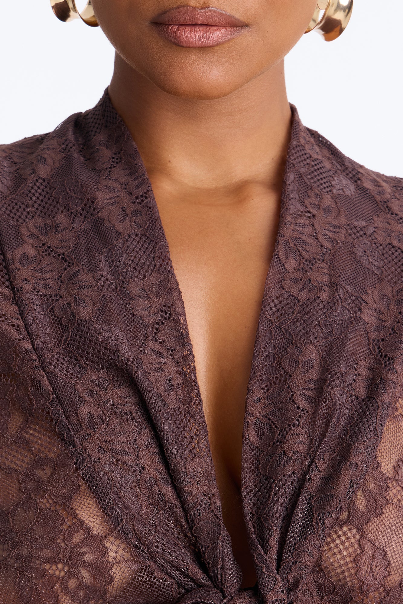 Chic And Out Long Sleeve Lace Bodysuit - Chocolate