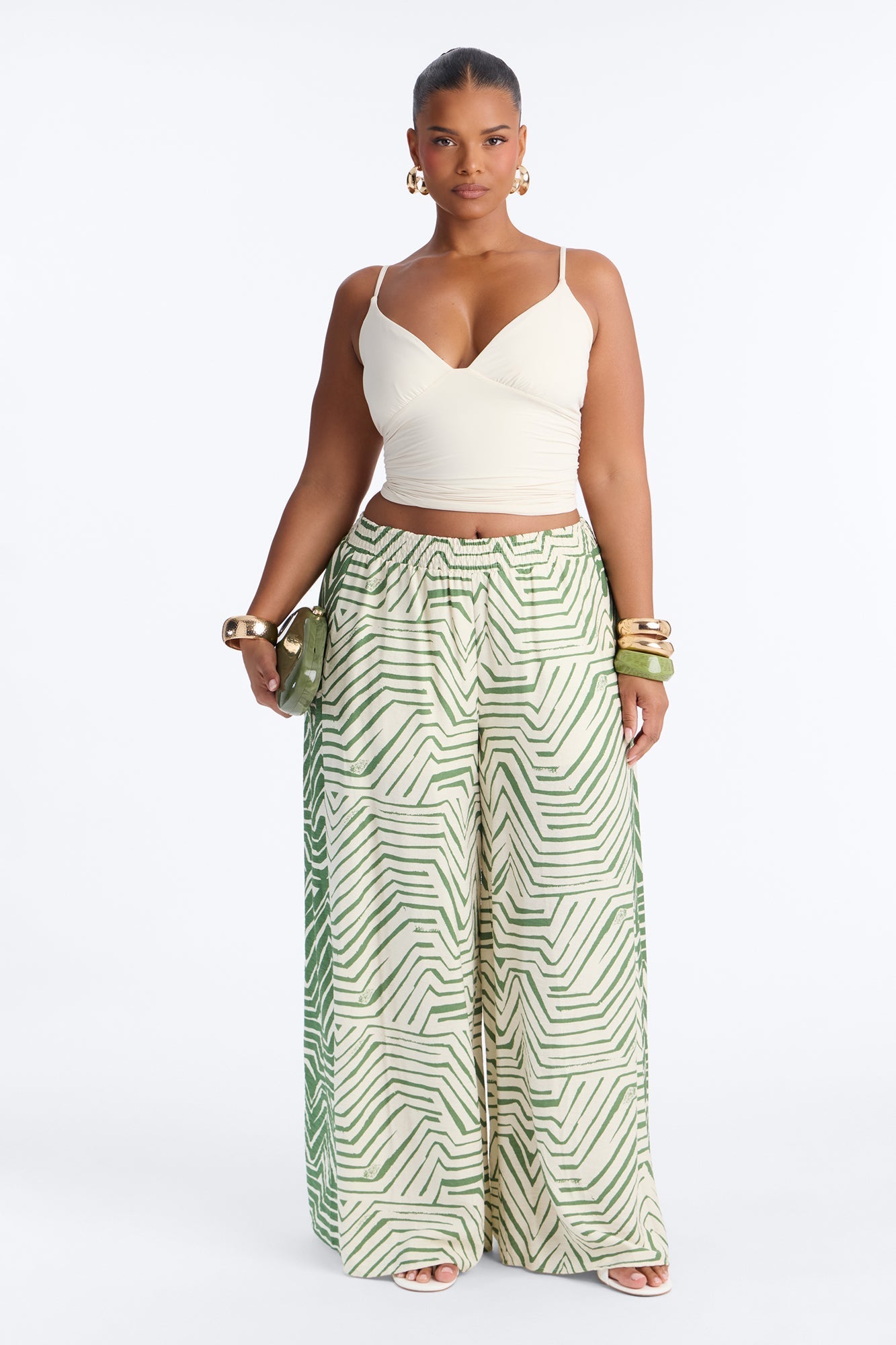 Miffy Mid Rise Smocked Wide Leg Pant - Green/combo NEWFASHIONEDGE