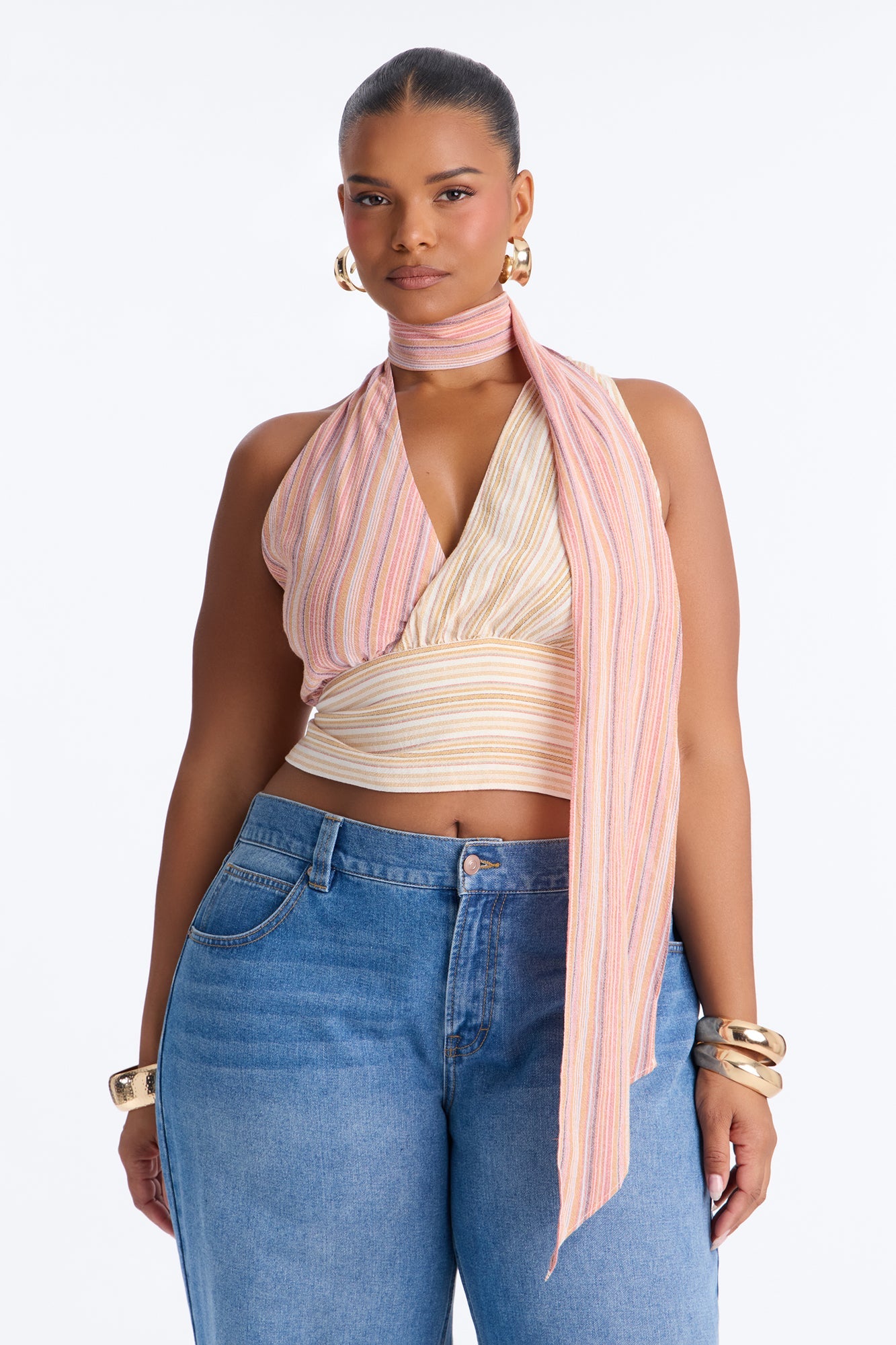 Heatwave Babe Striped Linen Scarf Top - Orange/combo
