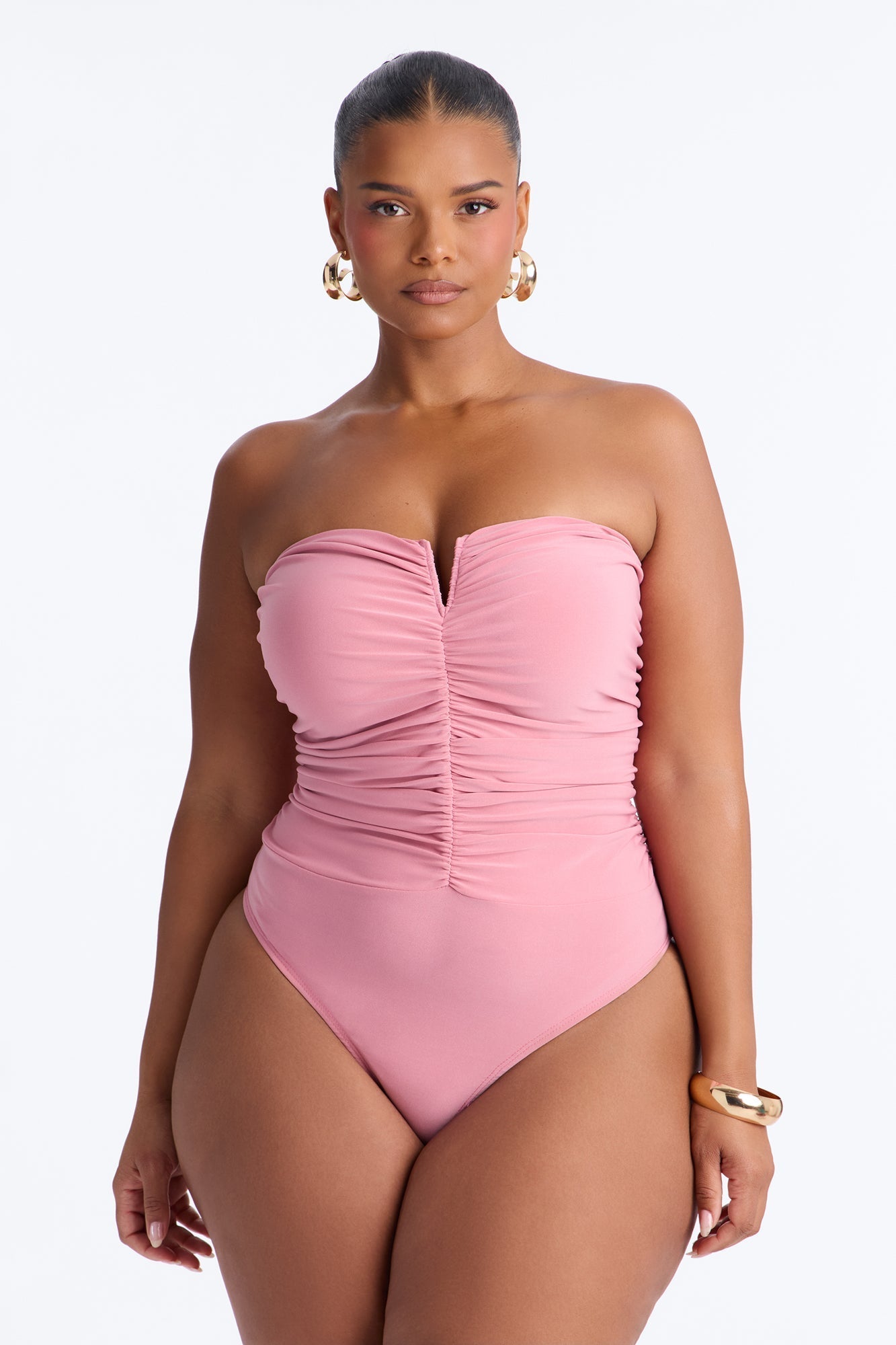 Gentle Blossom Ruched Notch Neck Strapless Bodysuit - Blush NEWFASHIONEDGE