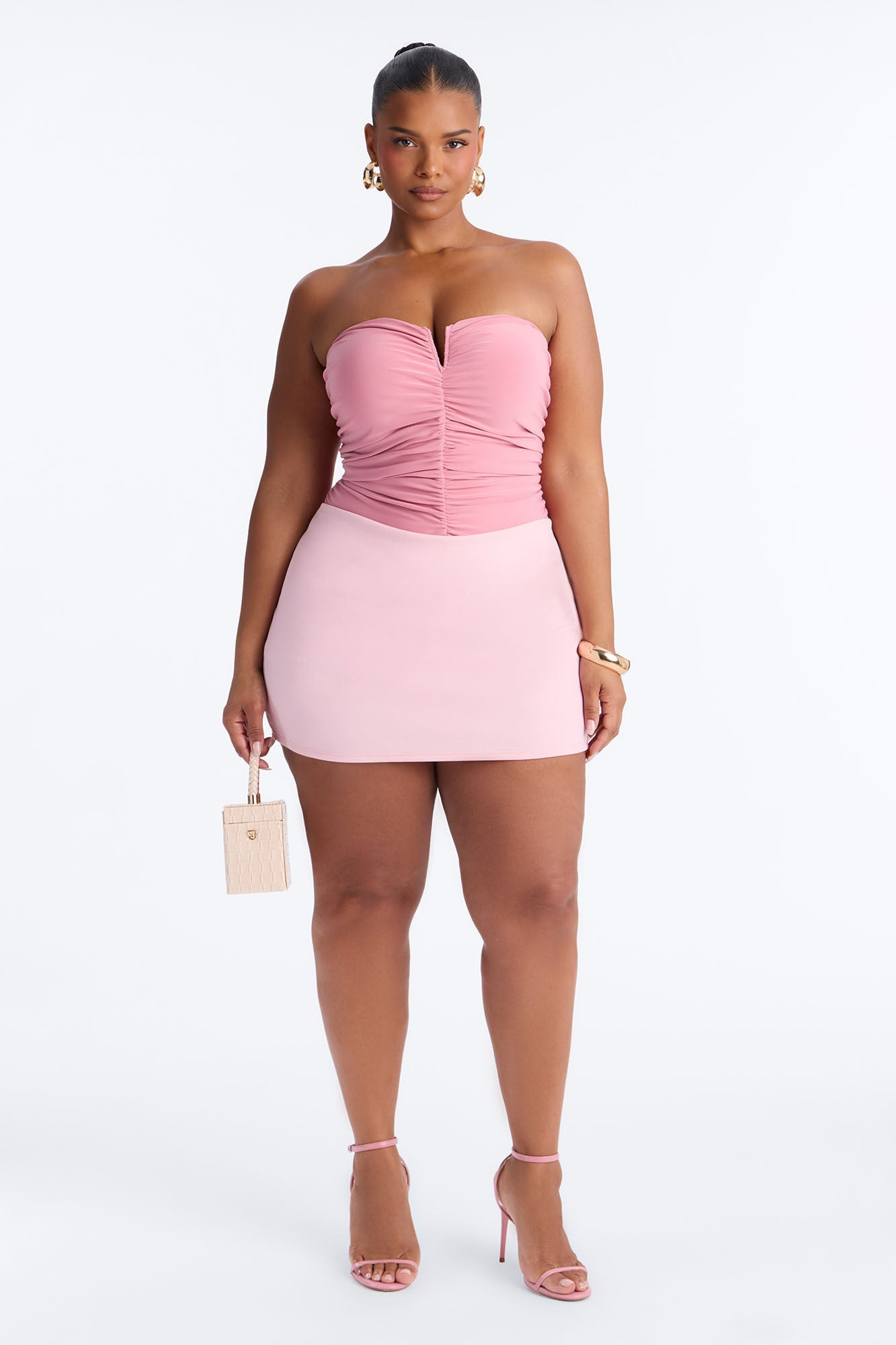 Gentle Blossom Ruched Notch Neck Strapless Bodysuit - Blush NEWFASHIONEDGE