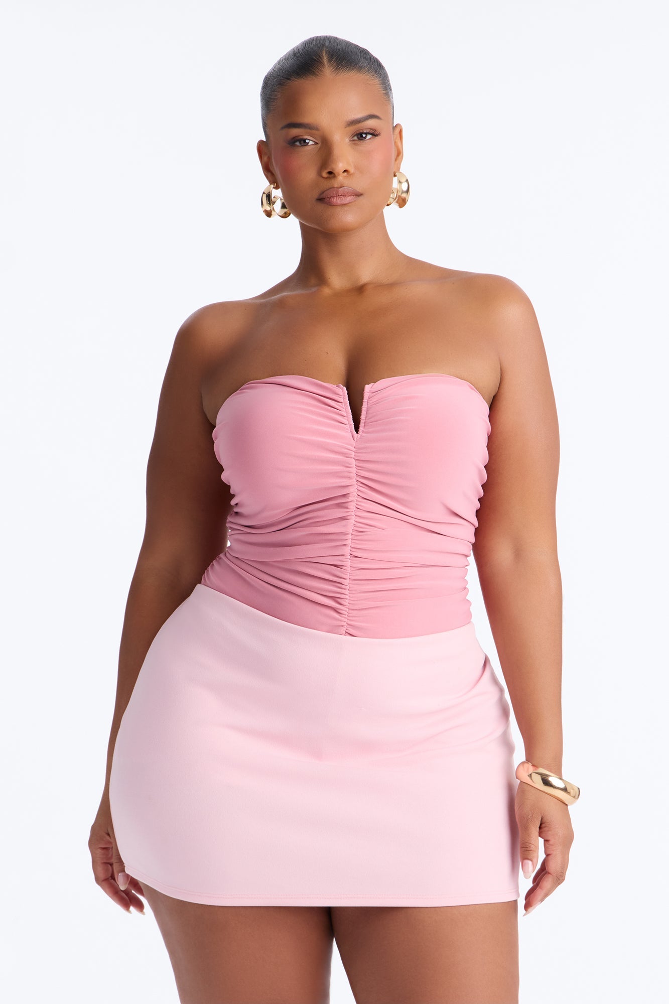 Gentle Blossom Ruched Notch Neck Strapless Bodysuit - Blush NEWFASHIONEDGE