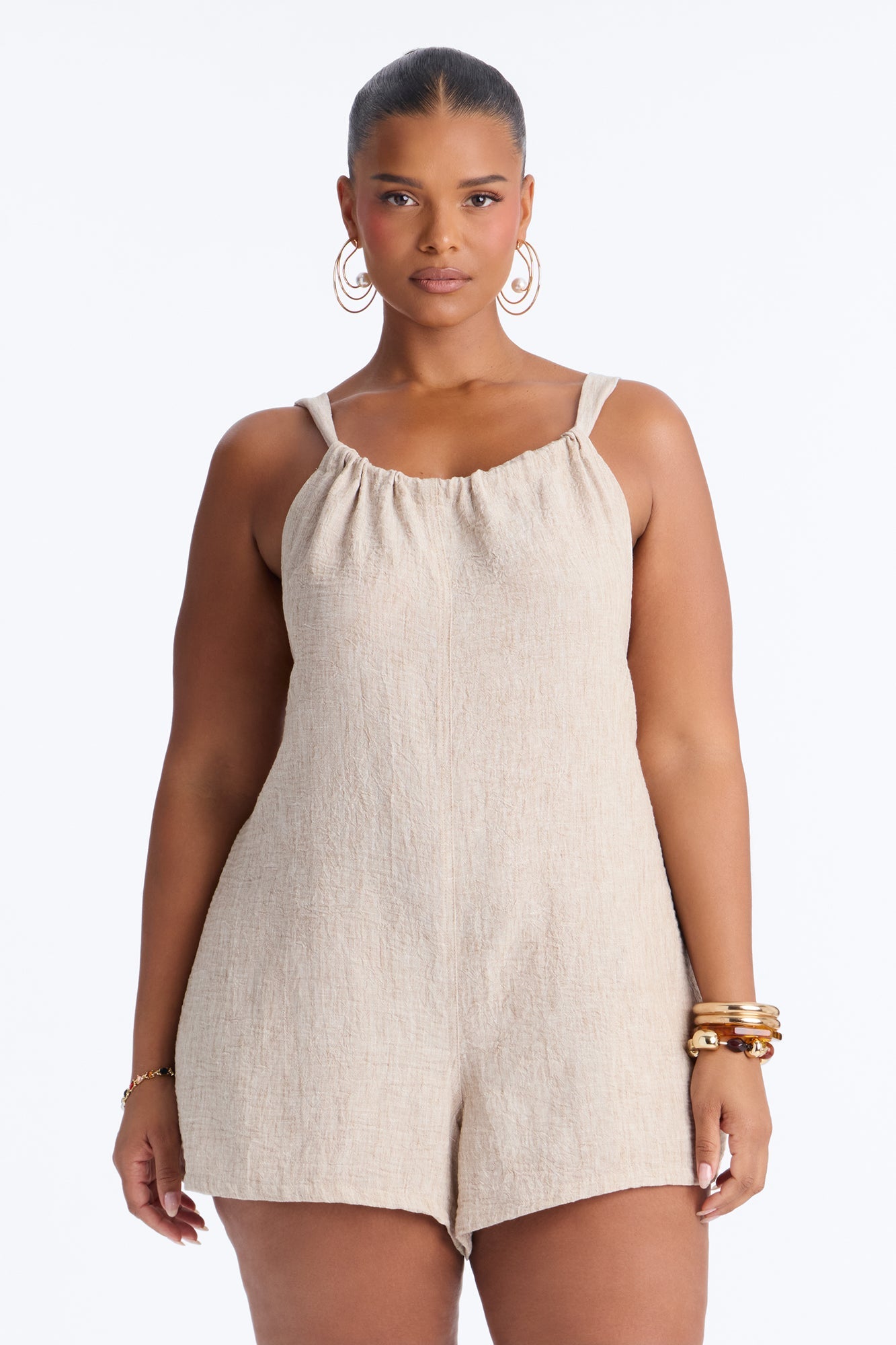 Jeanie Flowy Linen Romper - Tan Fashion Nova