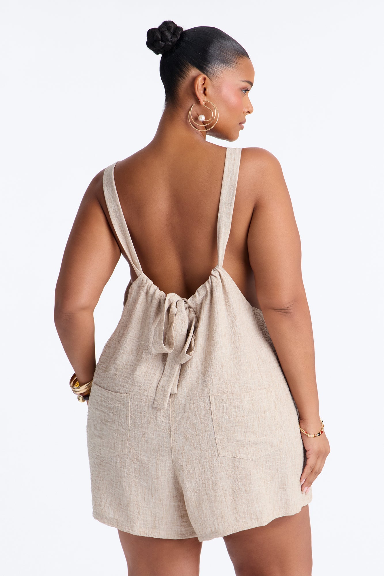 Jeanie Flowy Linen Romper - Tan Fashion Nova