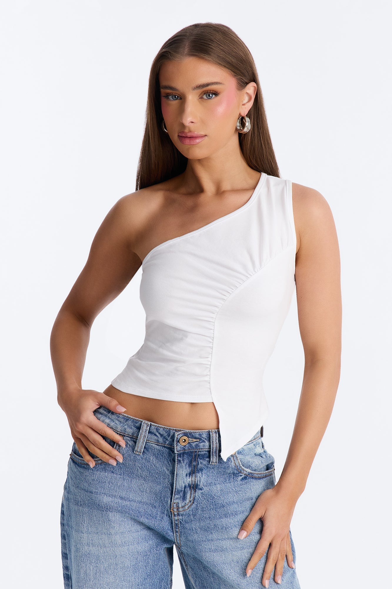 Malika Ruched One Shoulder Sleeveless Top - White NEWFASHIONEDGE