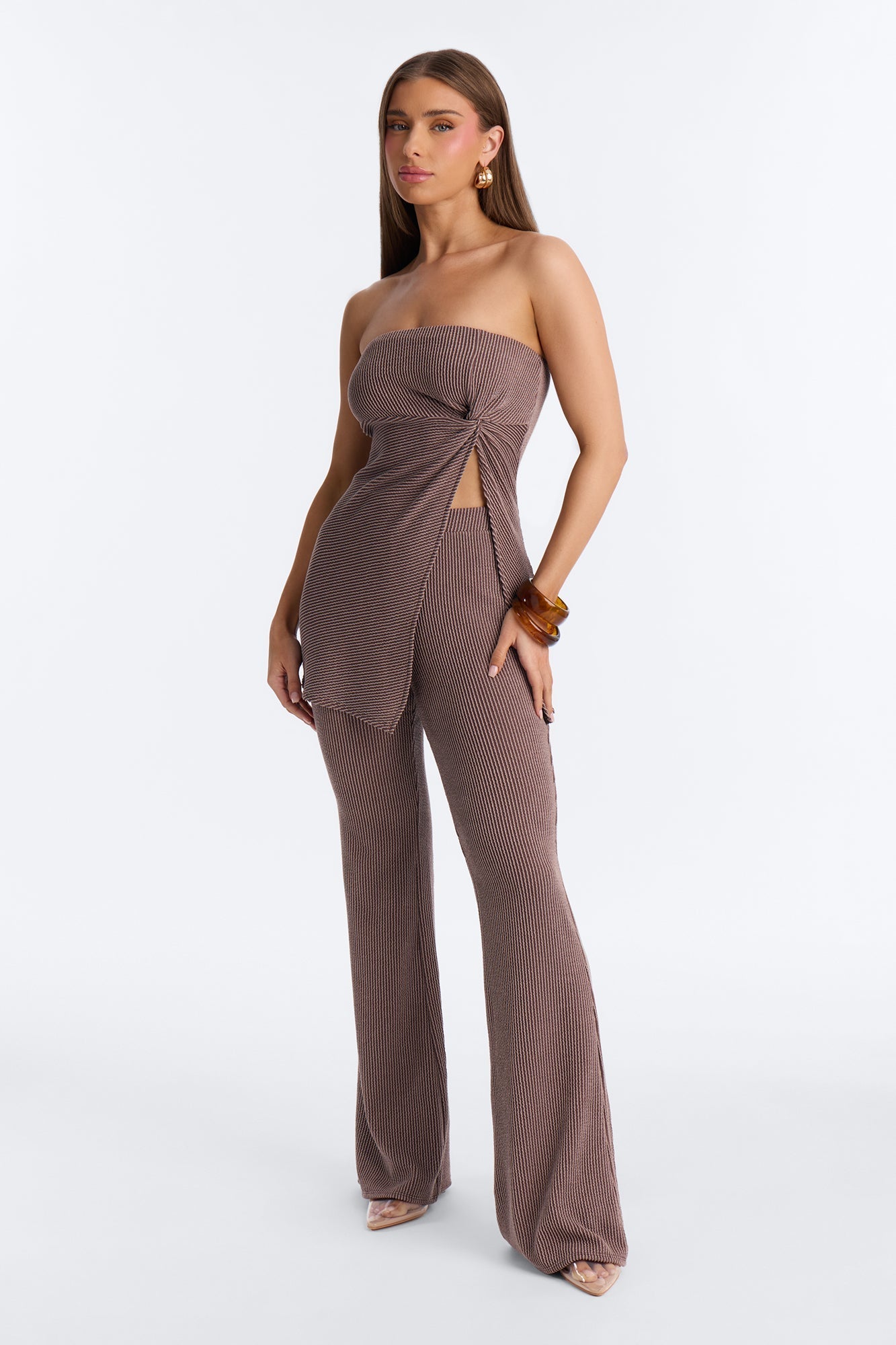 Mona Textured Strapless Flare Pant Set - Mocha