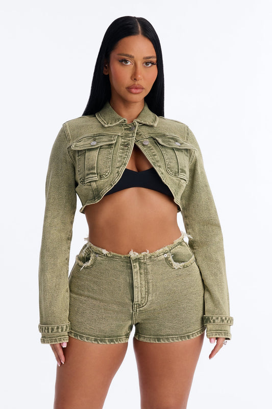 Highly Motivated Stretch Denim Bolero Jacket - Olive NEWFASHIONEDGE