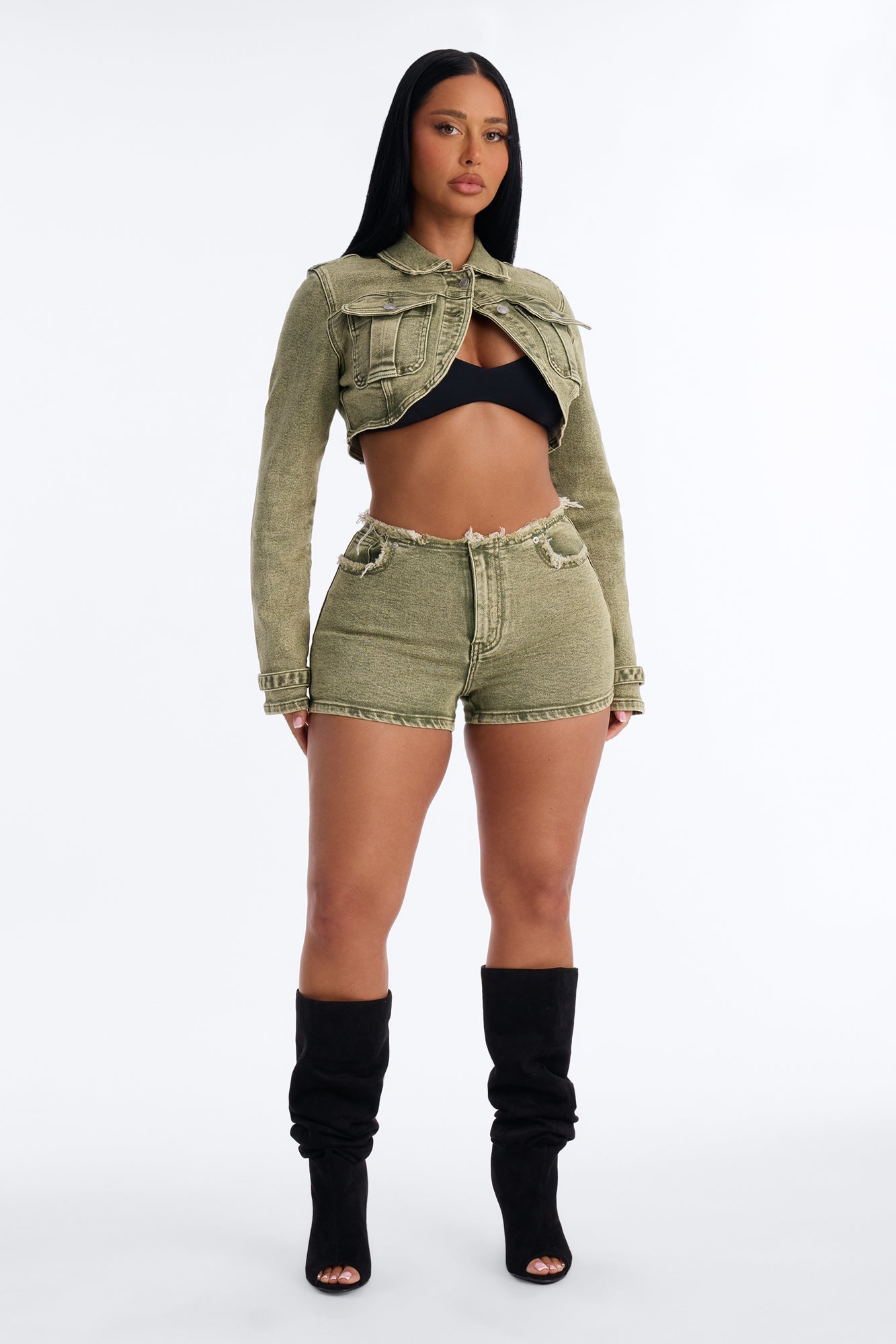 Highly Motivated Stretch Denim Bolero Jacket - Olive