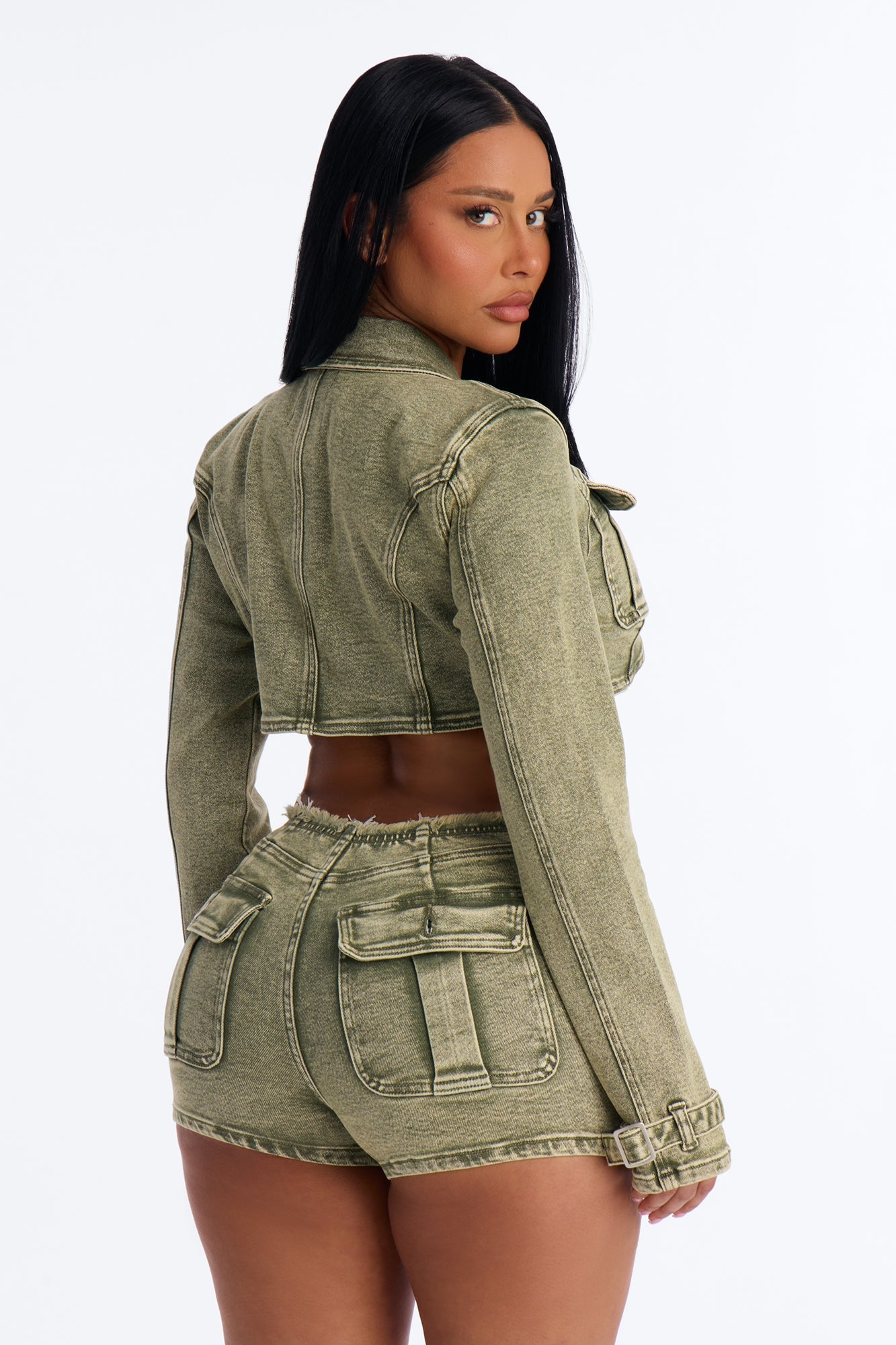 Highly Motivated Stretch Denim Bolero Jacket - Olive