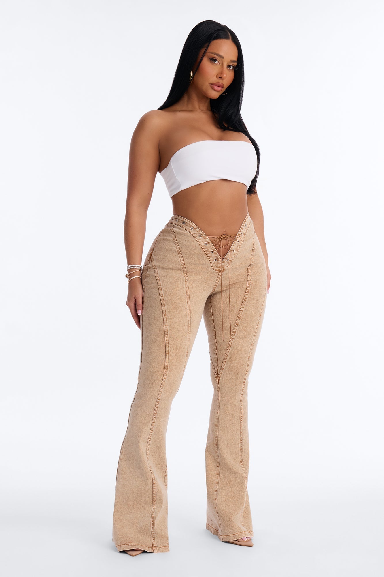 Run this Town Lace Up Washed Flared Pant - Brown