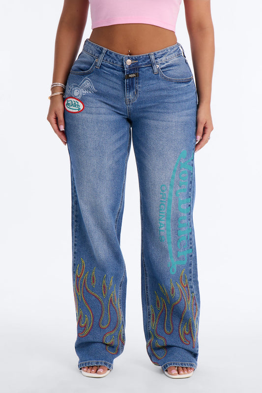 Von Dutch Flame Print Straight Leg Jeans - Medium Wash
